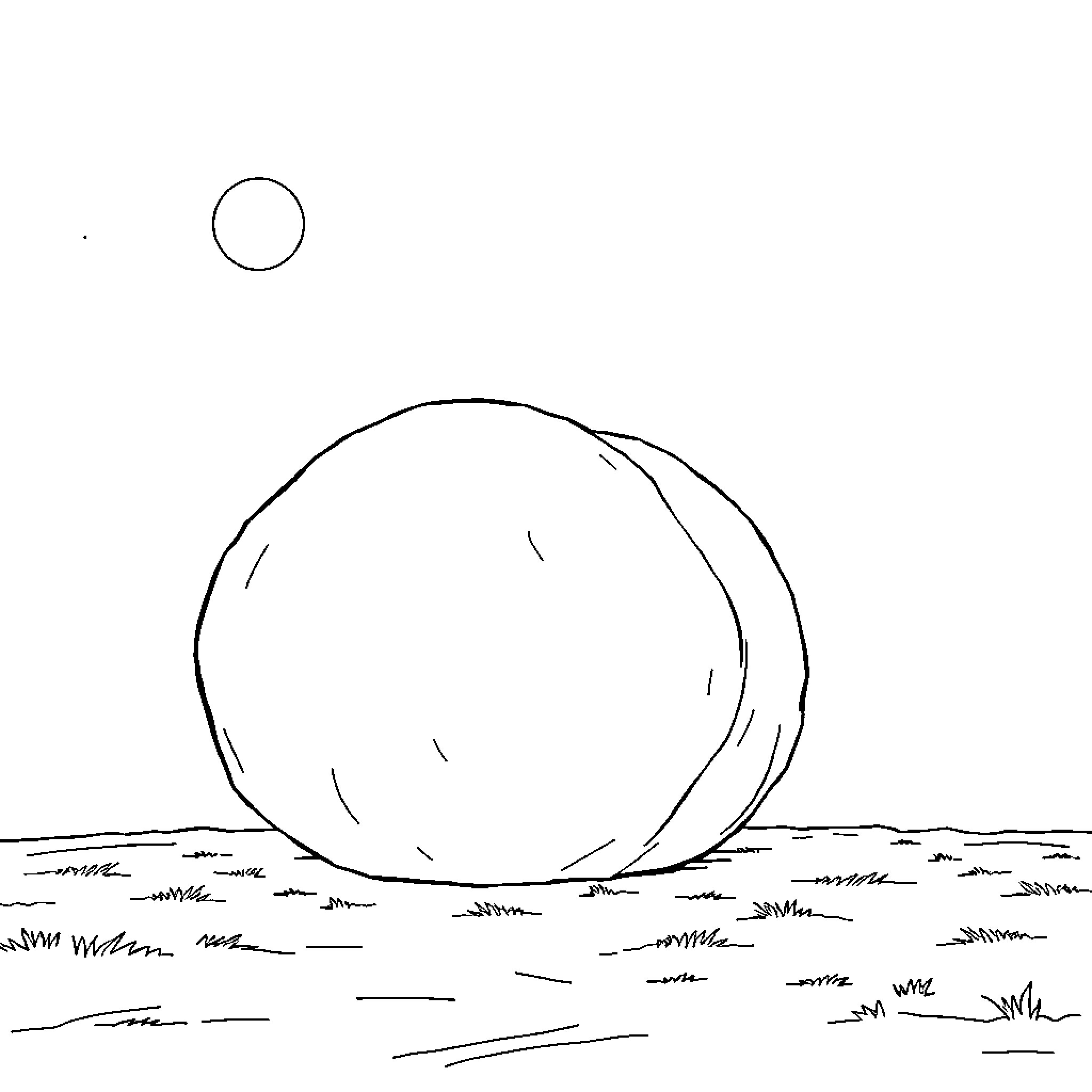 Big round object resting on grassy field Coloring Page (free black-and-white line drawing printable PDF for all, from beginners to advanced learners, including children, teens, adults, and seniors)