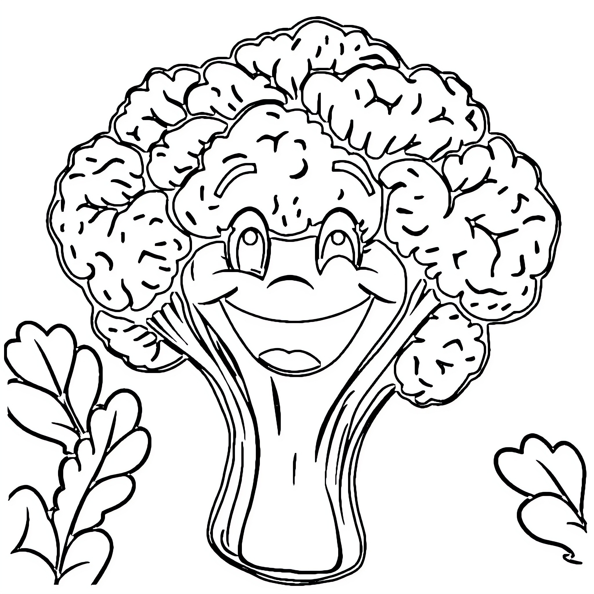 Broccoli with a smiley face and happy expression Coloring Page (free black-and-white line drawing printable PDF for all, from beginners to advanced learners, including children, teens, adults, and seniors)