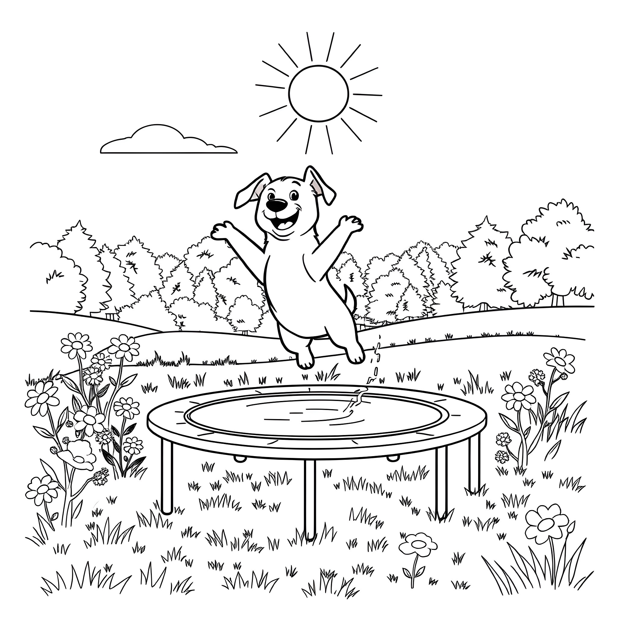Dog jumping happily on a trampoline in the park Coloring Page (free black-and-white line drawing printable PDF for all, from beginners to advanced learners, including children, teens, adults, and seniors)
