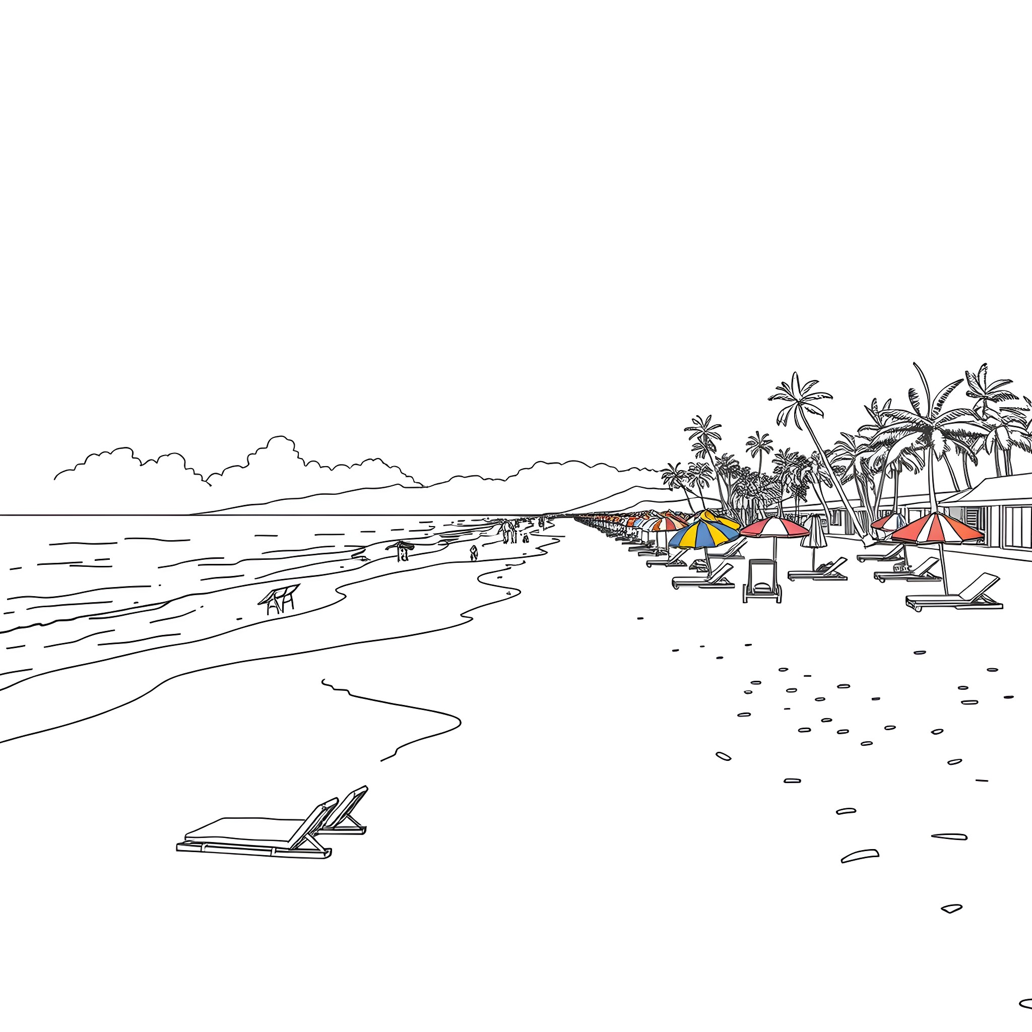 Beach Scene with Umbrellas and Beachgoers Coloring Page (free black-and-white line drawing printable PDF for all, from beginners to advanced learners, including children, teens, adults, and seniors)