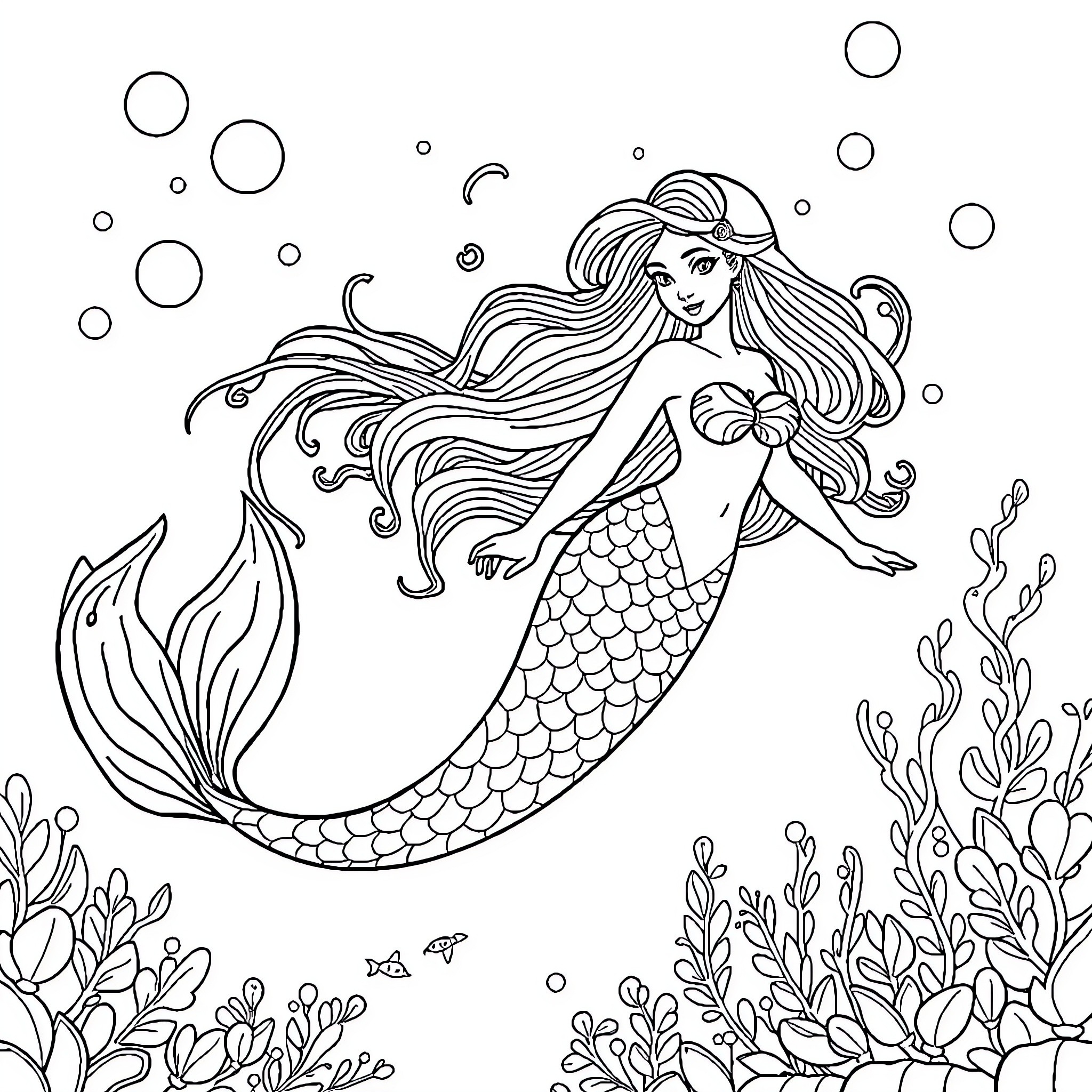 Mermaid swimming gracefully in the underwater realm Coloring Page (free black-and-white line drawing printable PDF for all, from beginners to advanced learners, including children, teens, adults, and seniors)