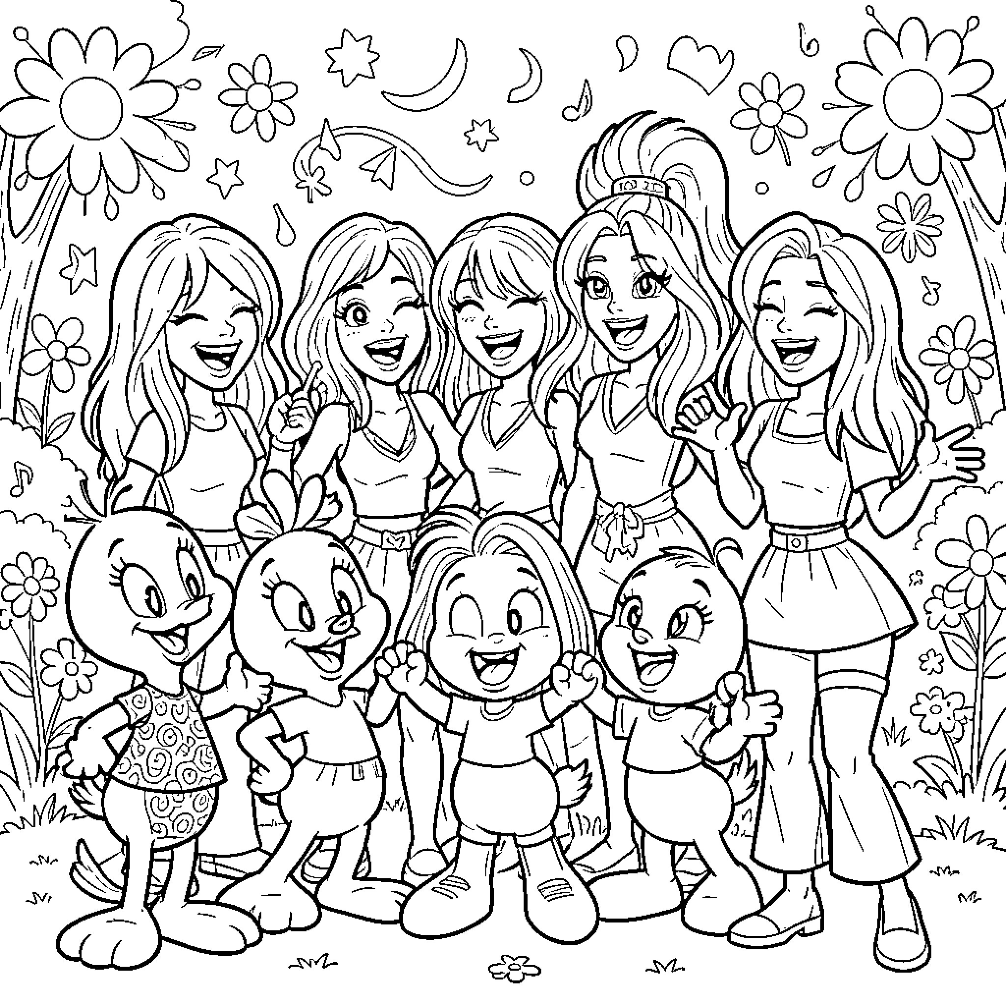 Tweety Bird and friends in a lively scene Coloring Page (free black-and-white line drawing printable PDF for all, from beginners to advanced learners, including children, teens, adults, and seniors)