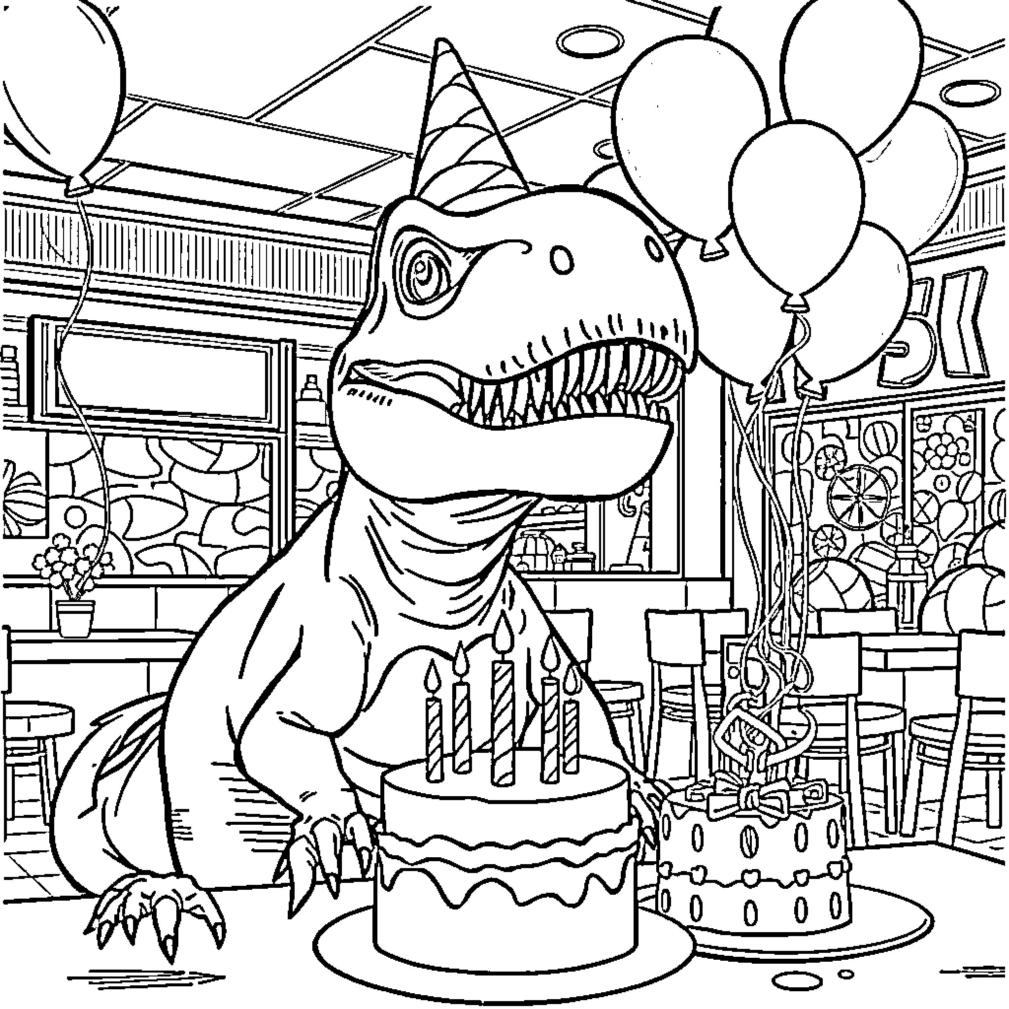 T-Rex's Birthday Celebration with Balloons and Cake Coloring Page (free black-and-white line drawing printable PDF for all, from beginners to advanced learners, including children, teens, adults, and seniors)