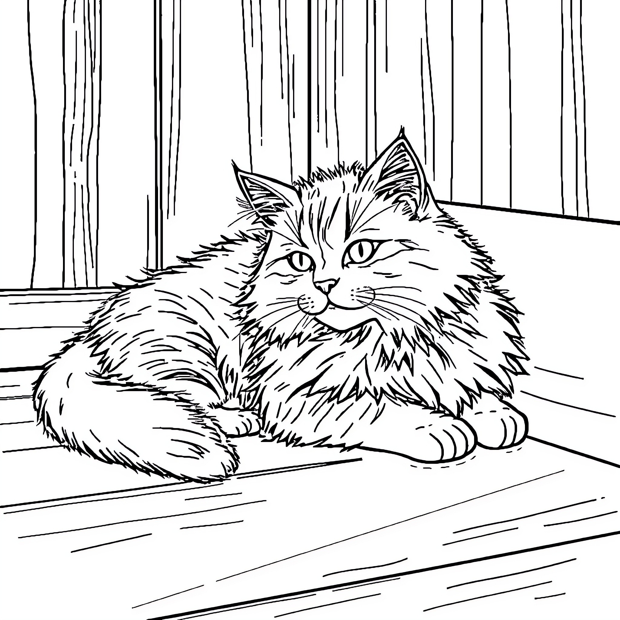Cat relaxing on the floor Coloring Page (free black-and-white line drawing printable PDF for all, from beginners to advanced learners, including children, teens, adults, and seniors)