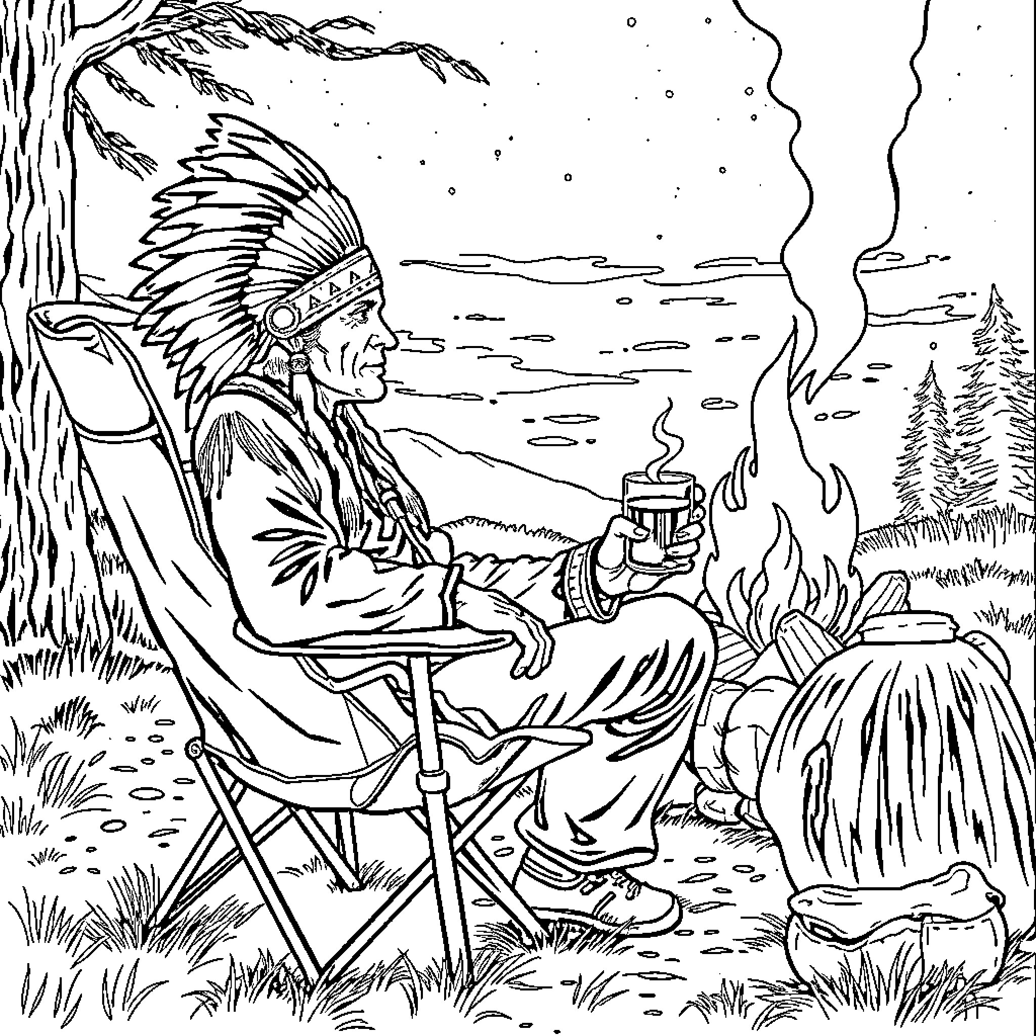 Man in Native American outfit enjoying campfire in the wilderness Coloring Page (free black-and-white line drawing printable PDF for all, from beginners to advanced learners, including children, teens, adults, and seniors)