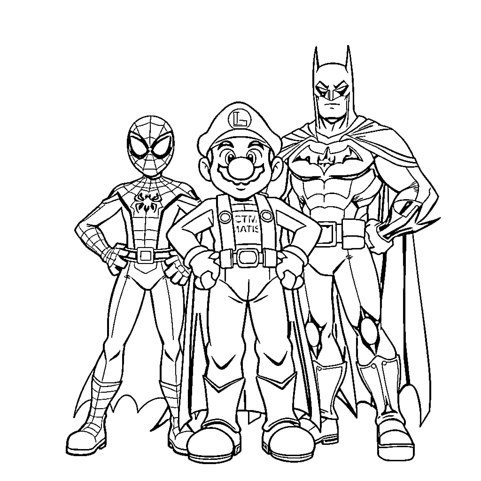 Spider Mario Man Superheroes in Action Poses Coloring Page (free black-and-white line drawing printable PDF for all, from beginners to advanced learners, including children, teens, adults, and seniors)
