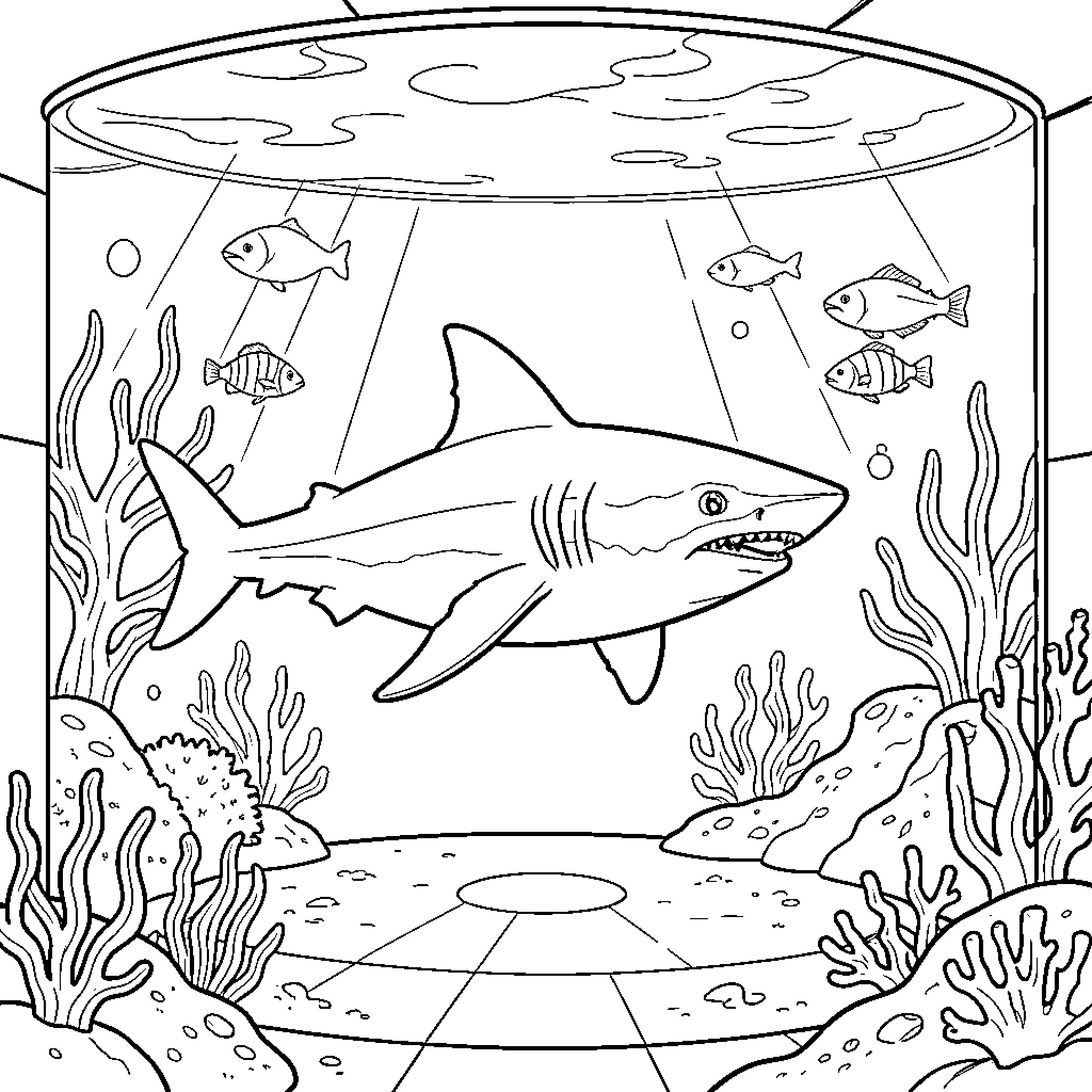 Shark swimming with small fish in an aquarium Coloring Page (free black-and-white line drawing printable PDF for all, from beginners to advanced learners, including children, teens, adults, and seniors)