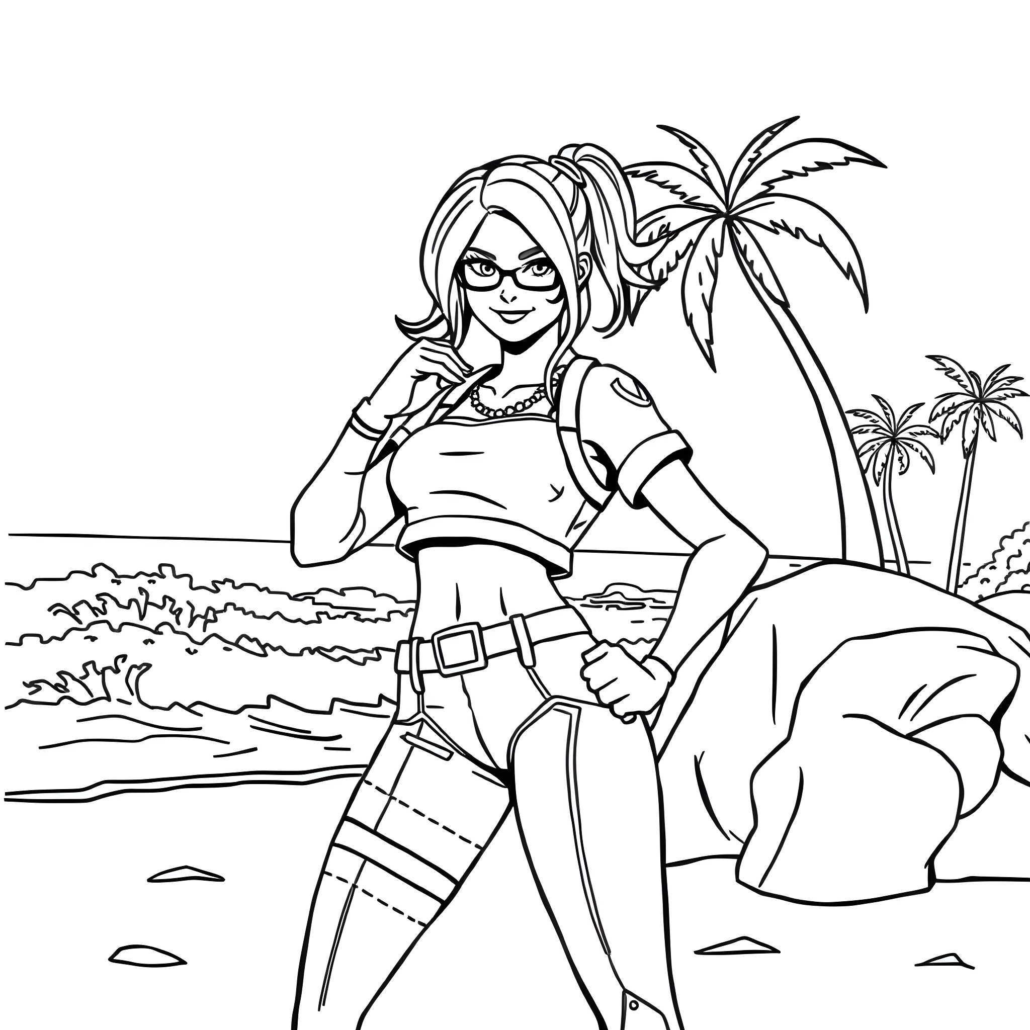 Fortnite Skin Enjoying the Tropical Scenery Coloring Page (free black-and-white line drawing printable PDF for all, from beginners to advanced learners, including children, teens, adults, and seniors)