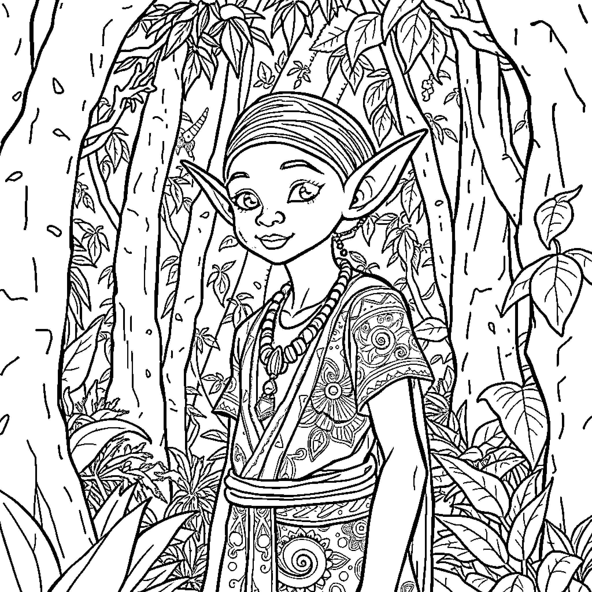 Elf in Enchanted Forest Coloring Page (free black-and-white line drawing printable PDF for all, from beginners to advanced learners, including children, teens, adults, and seniors)