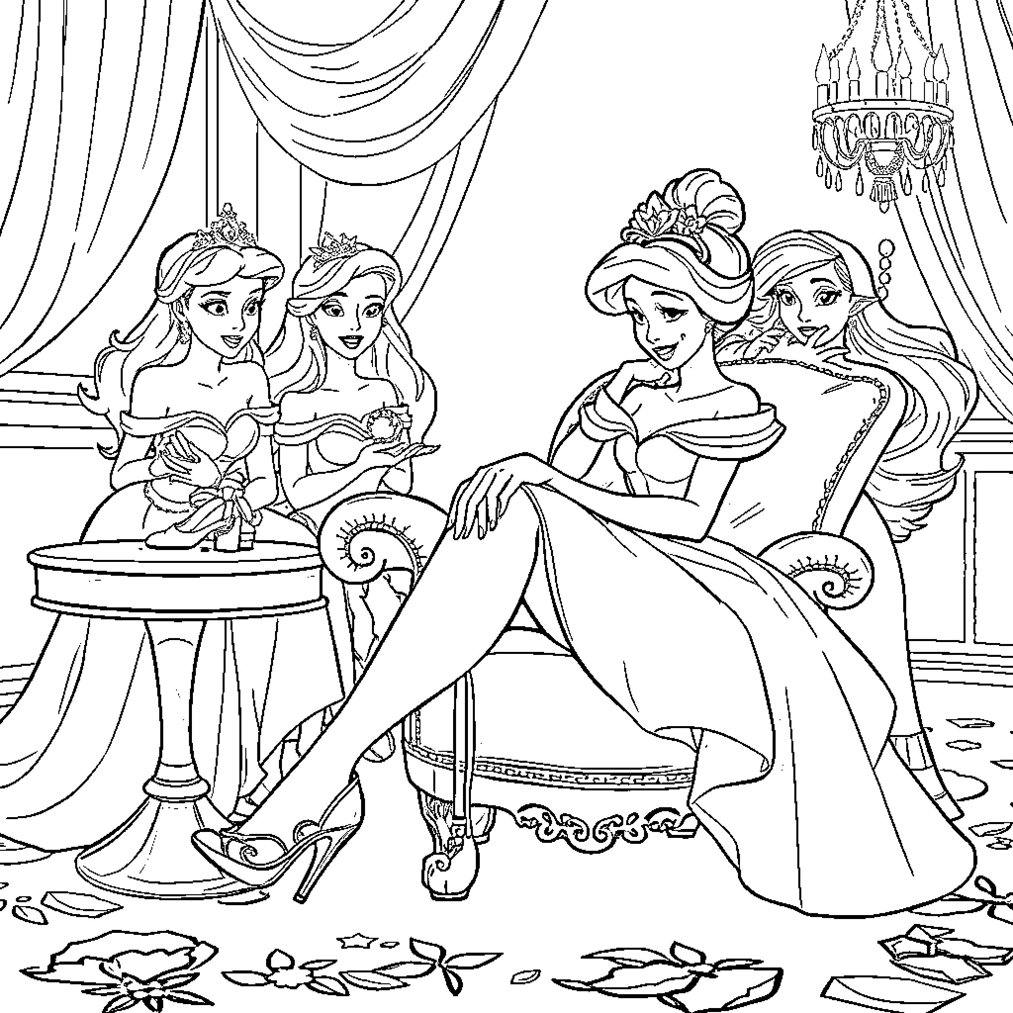 Cinderella and her royal friends in a grand ballroom Coloring Page (free black-and-white line drawing printable PDF for all, from beginners to advanced learners, including children, teens, adults, and seniors)