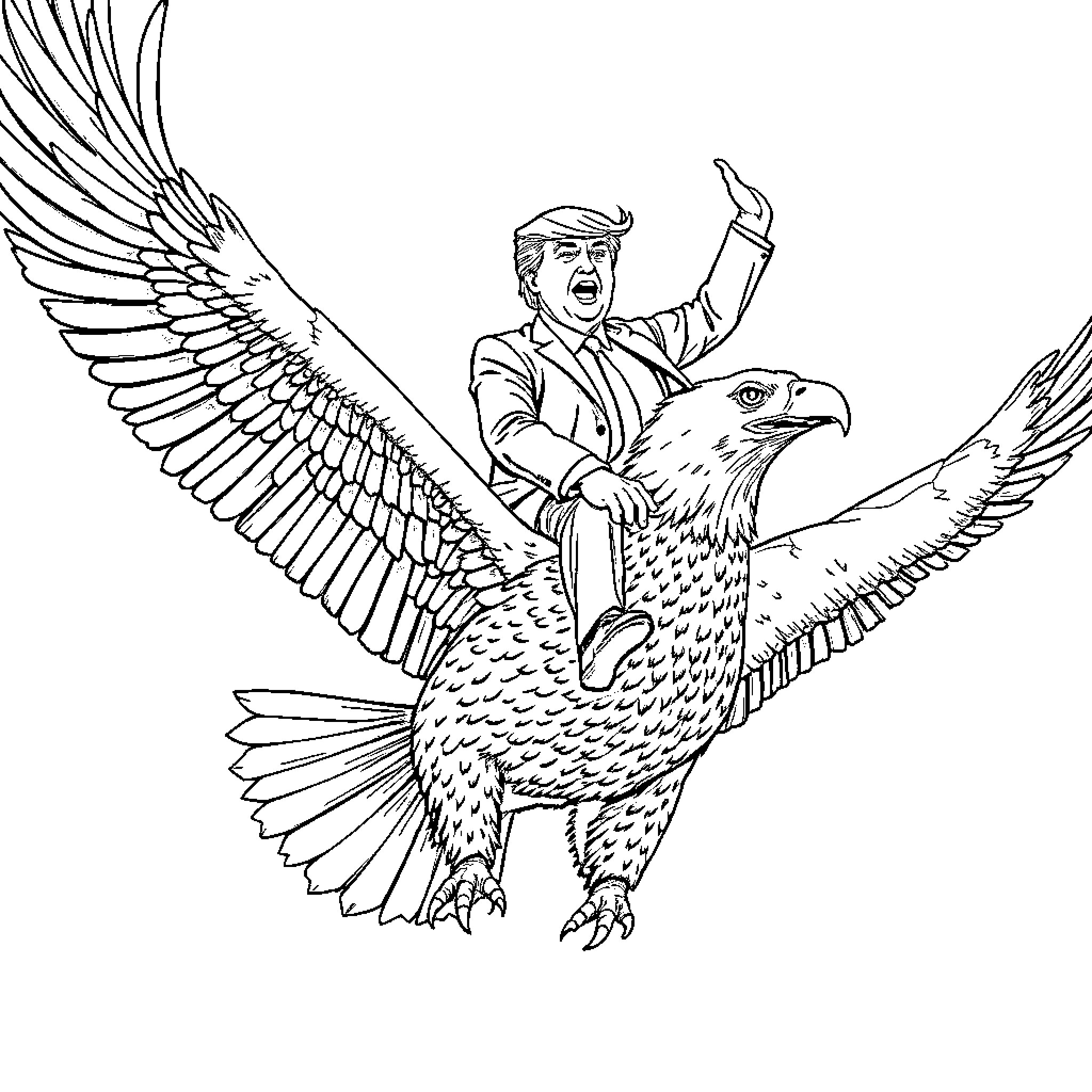 Donald Trump riding a majestic eagle Coloring Page (free black-and-white line drawing printable PDF for all, from beginners to advanced learners, including children, teens, adults, and seniors)
