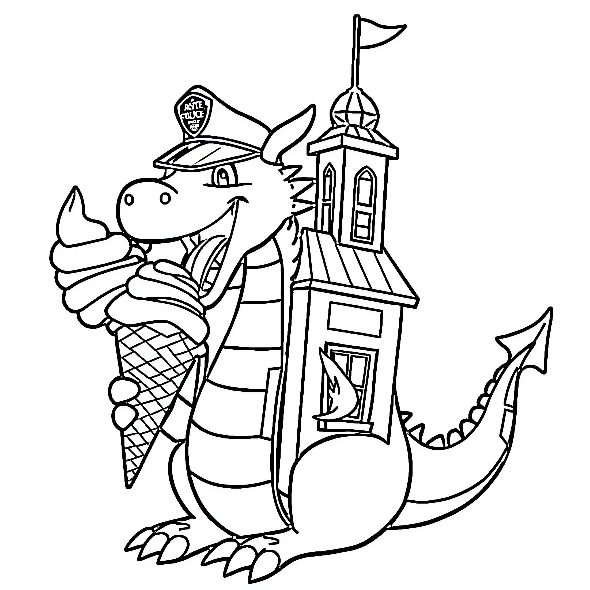 Dragon Officer with Ice Cream and Tower Coloring Page (free black-and-white line drawing printable PDF for all, from beginners to advanced learners, including children, teens, adults, and seniors)