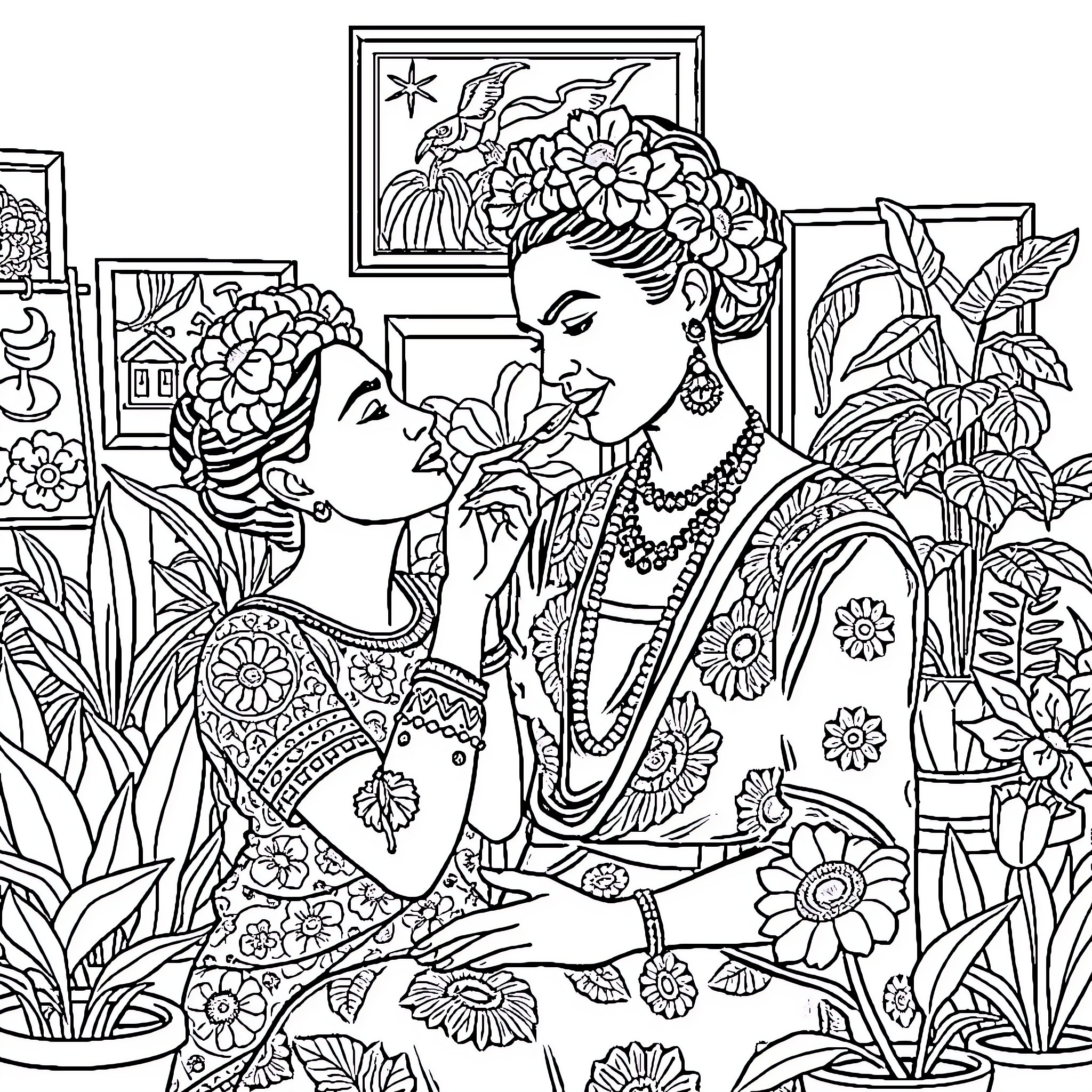 Frida Kahlo and Companion Embracing in Floral Surroundings Coloring Page (free black-and-white line drawing printable PDF for all, from beginners to advanced learners, including children, teens, adults, and seniors)