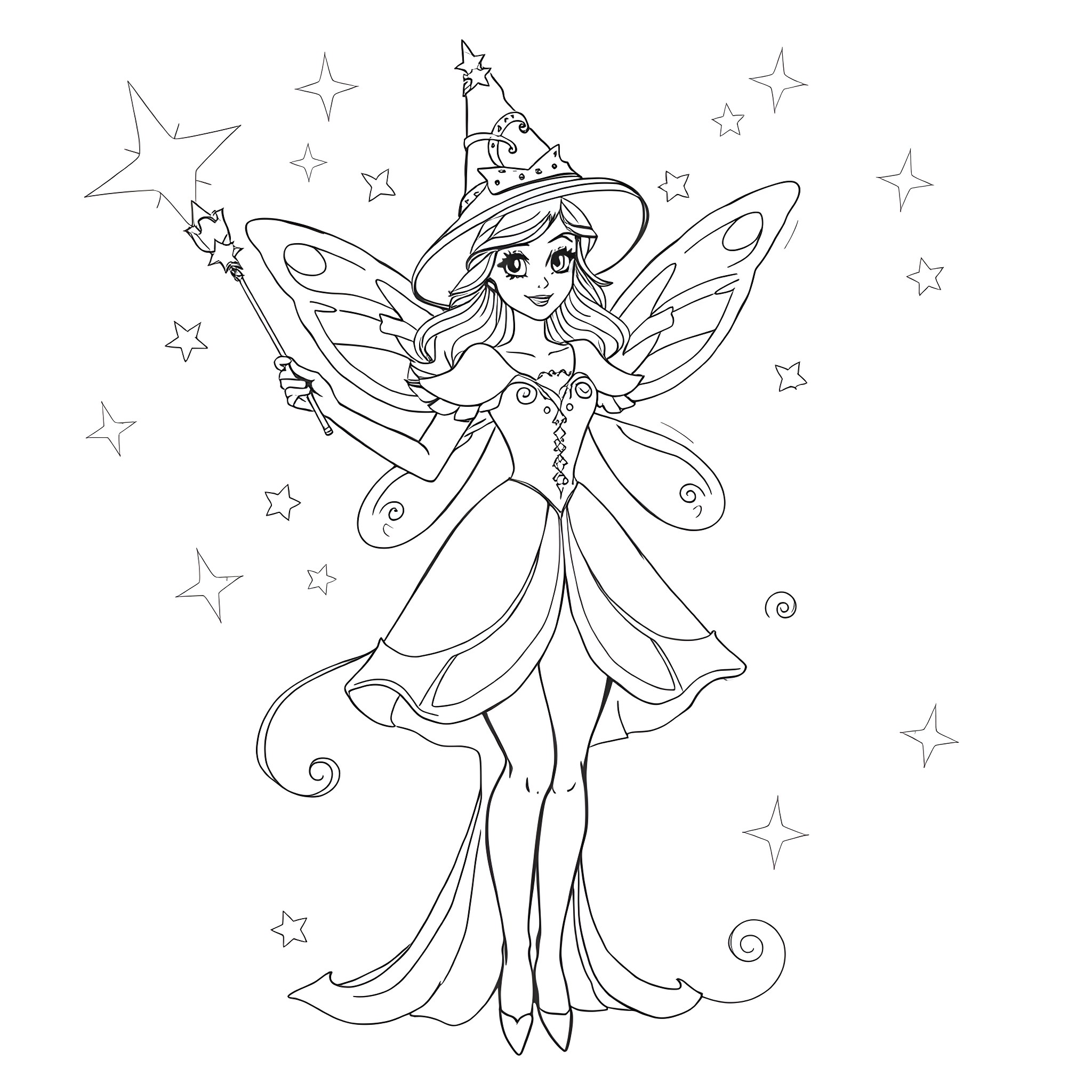 Fairy Godmother casting spells under the starry night Coloring Page (free black-and-white line drawing printable PDF for all, from beginners to advanced learners, including children, teens, adults, and seniors)