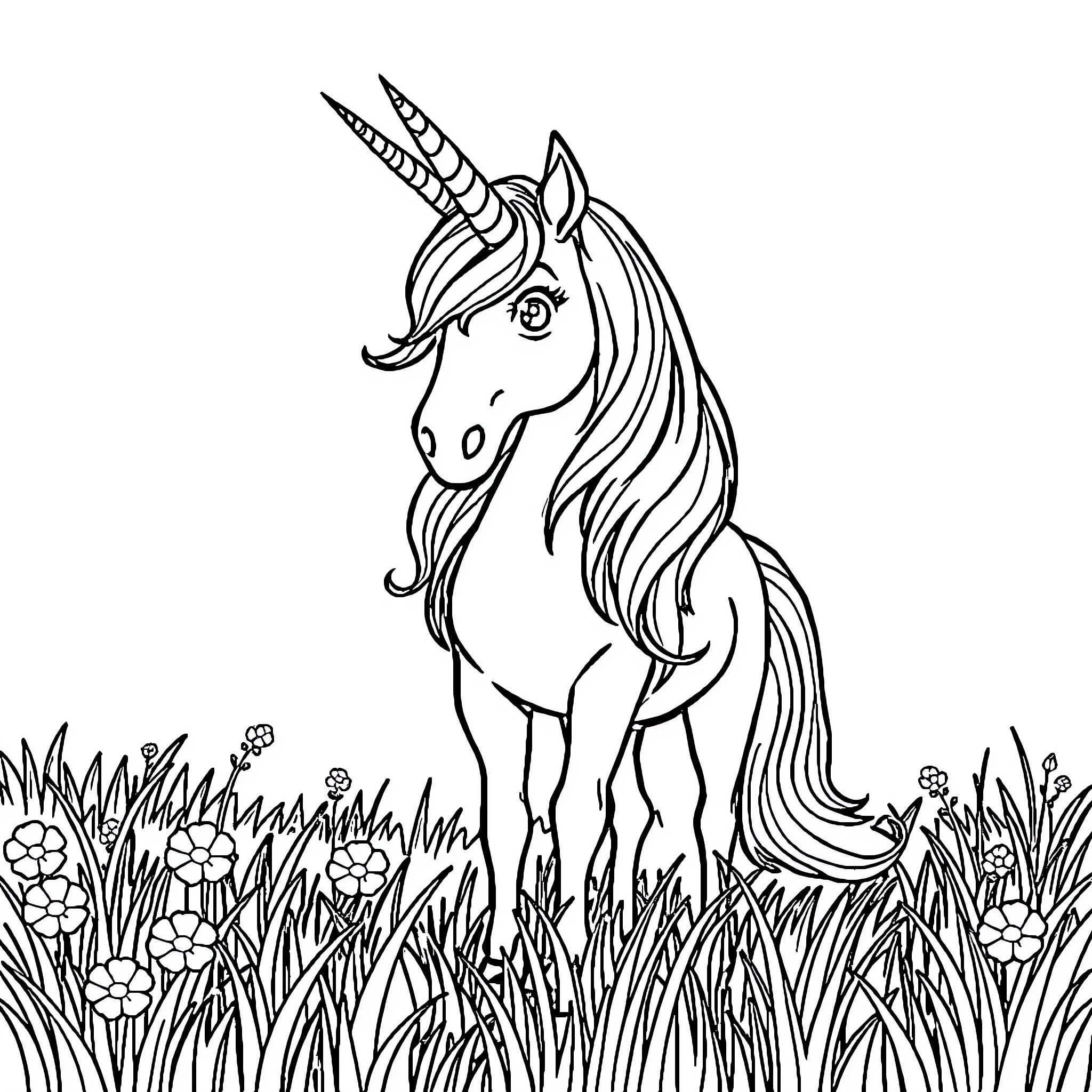 Unicorn standing in a field of flowers Coloring Page (free black-and-white line drawing printable PDF for all, from beginners to advanced learners, including children, teens, adults, and seniors)