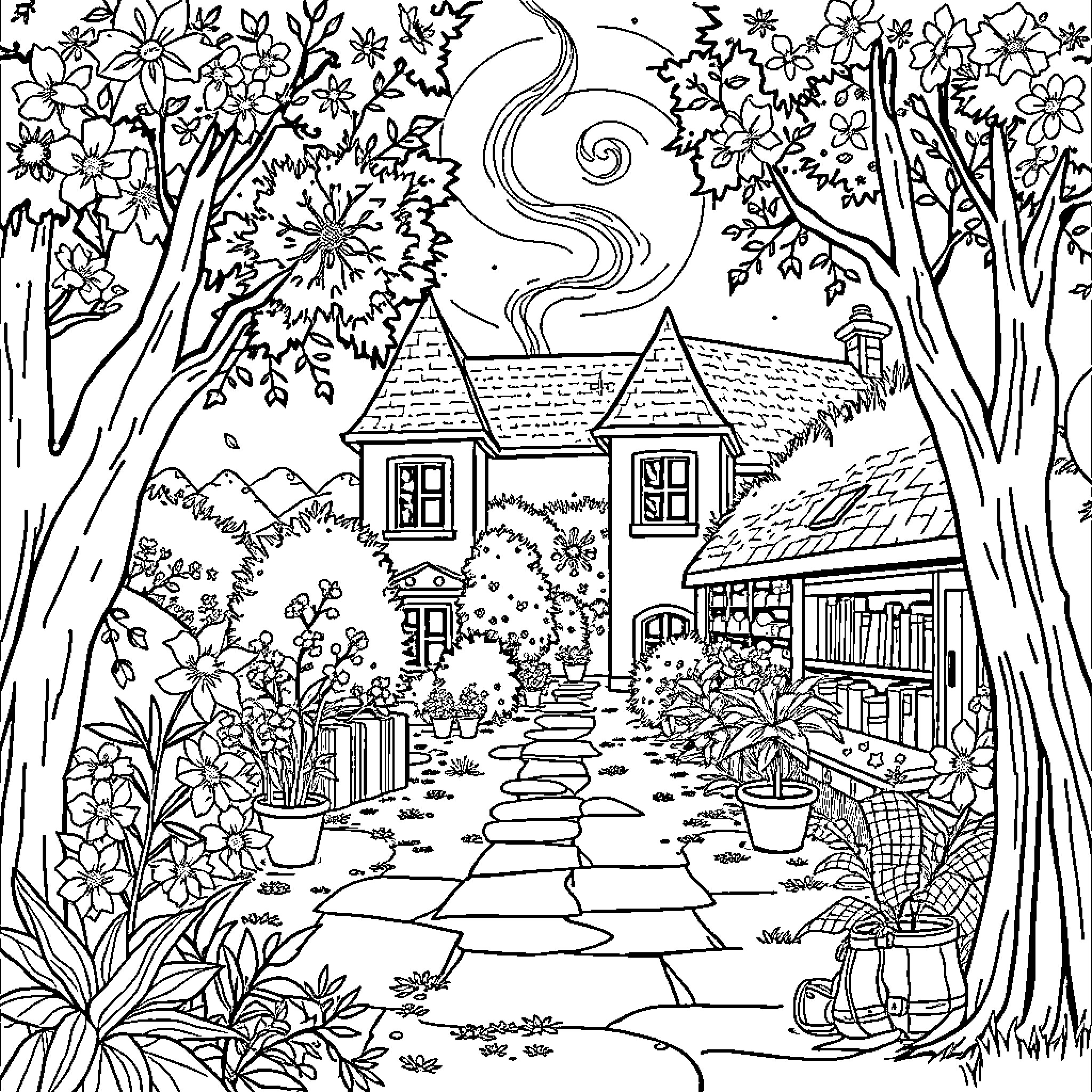 Student playing in magical forest with cottage Coloring Page (free black-and-white line drawing printable PDF for all, from beginners to advanced learners, including children, teens, adults, and seniors)