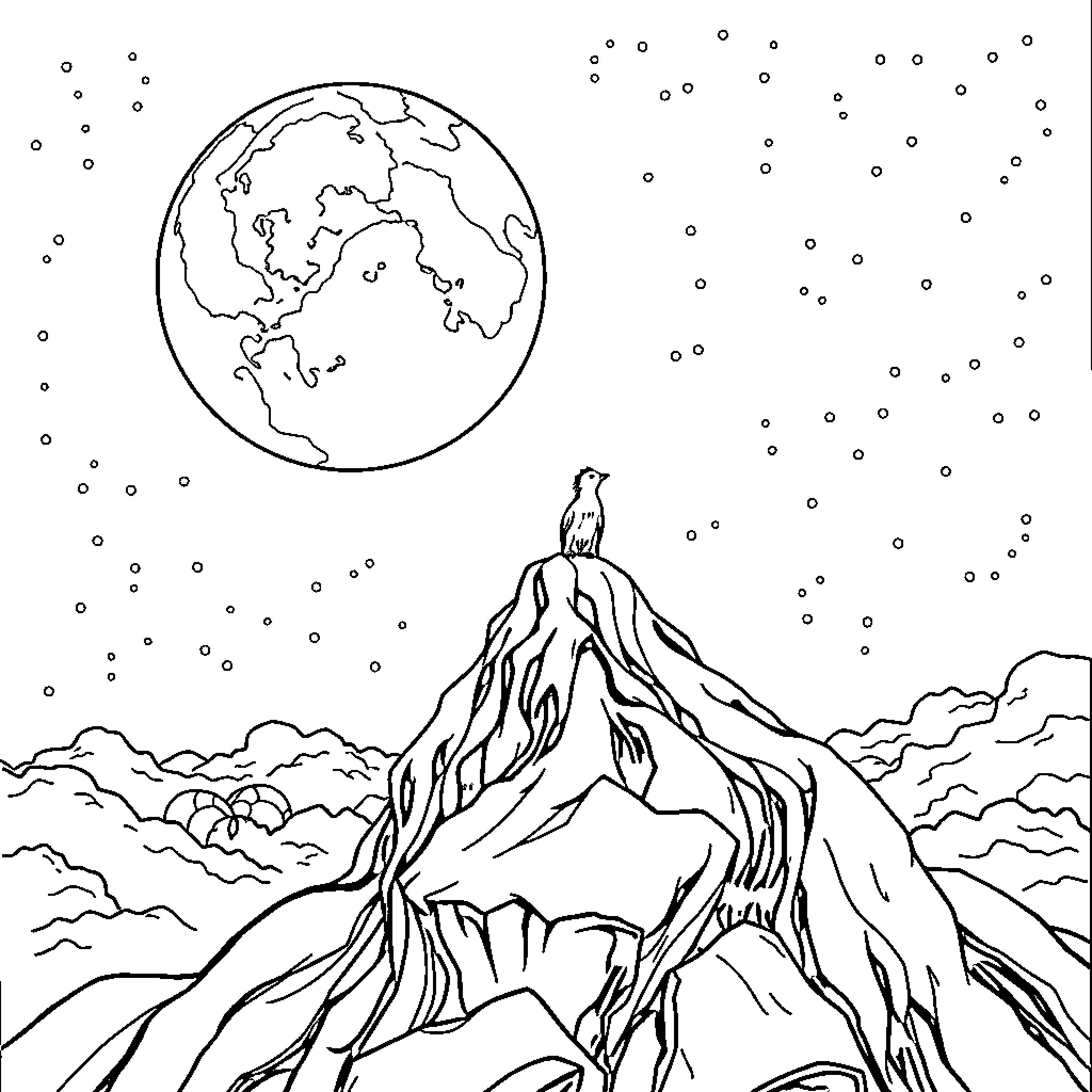 Wazon's moonlit mountain journey Coloring Page (free black-and-white line drawing printable PDF for all, from beginners to advanced learners, including children, teens, adults, and seniors)