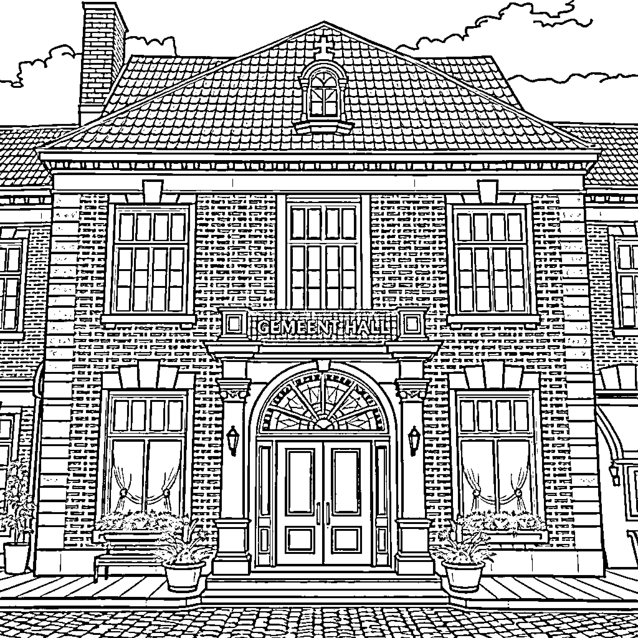 Municipality Building with Intricate Architecture and Entrance Coloring Page (free black-and-white line drawing printable PDF for all, from beginners to advanced learners, including children, teens, adults, and seniors)