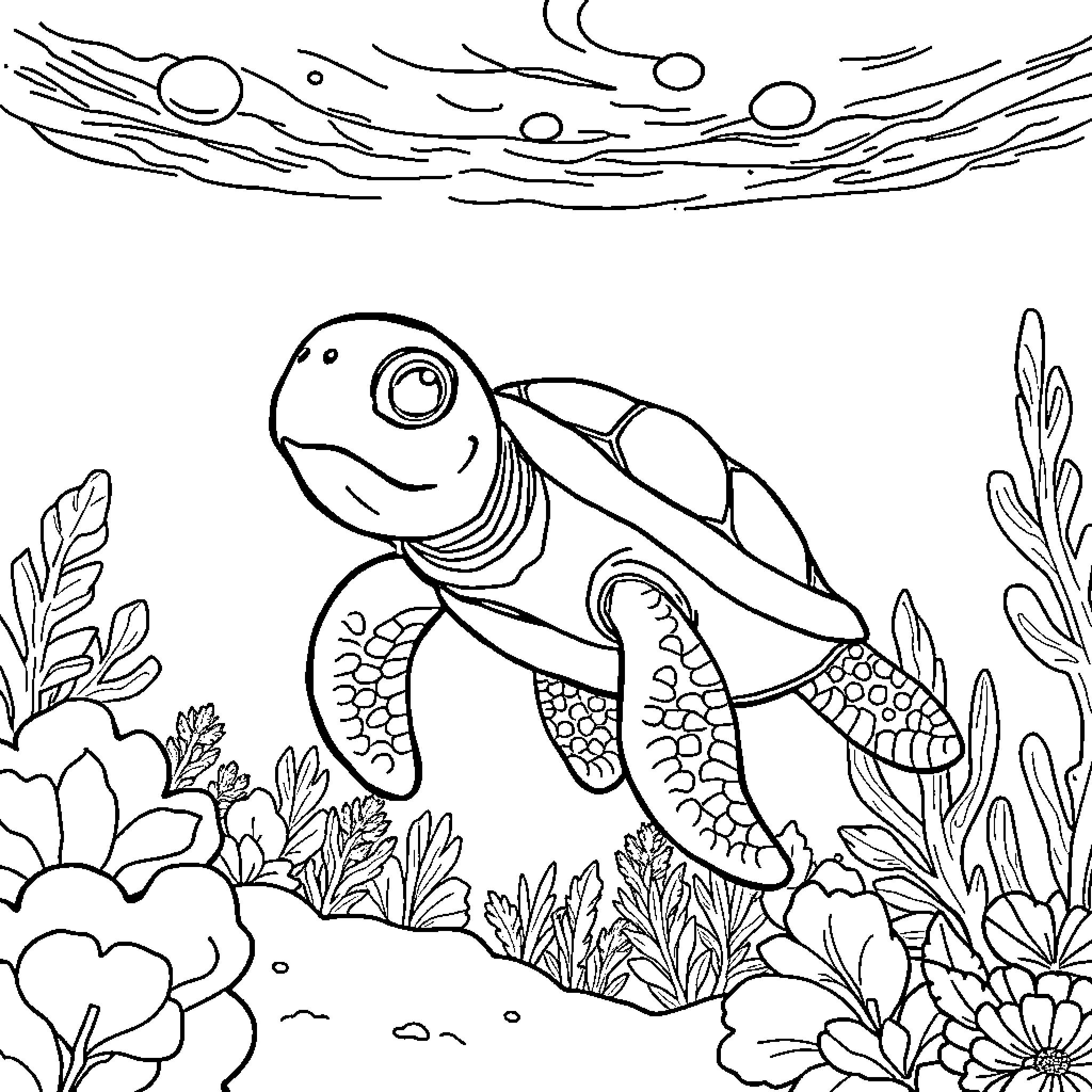 Turtle swimming amidst underwater flora and fauna Coloring Page (free black-and-white line drawing printable PDF for all, from beginners to advanced learners, including children, teens, adults, and seniors)