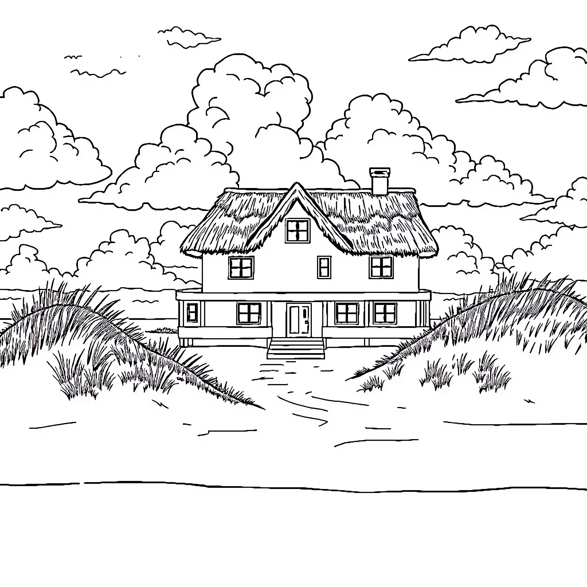 House with Thatched Roof in Scenic Landscape Coloring Page (free black-and-white line drawing printable PDF for all, from beginners to advanced learners, including children, teens, adults, and seniors)