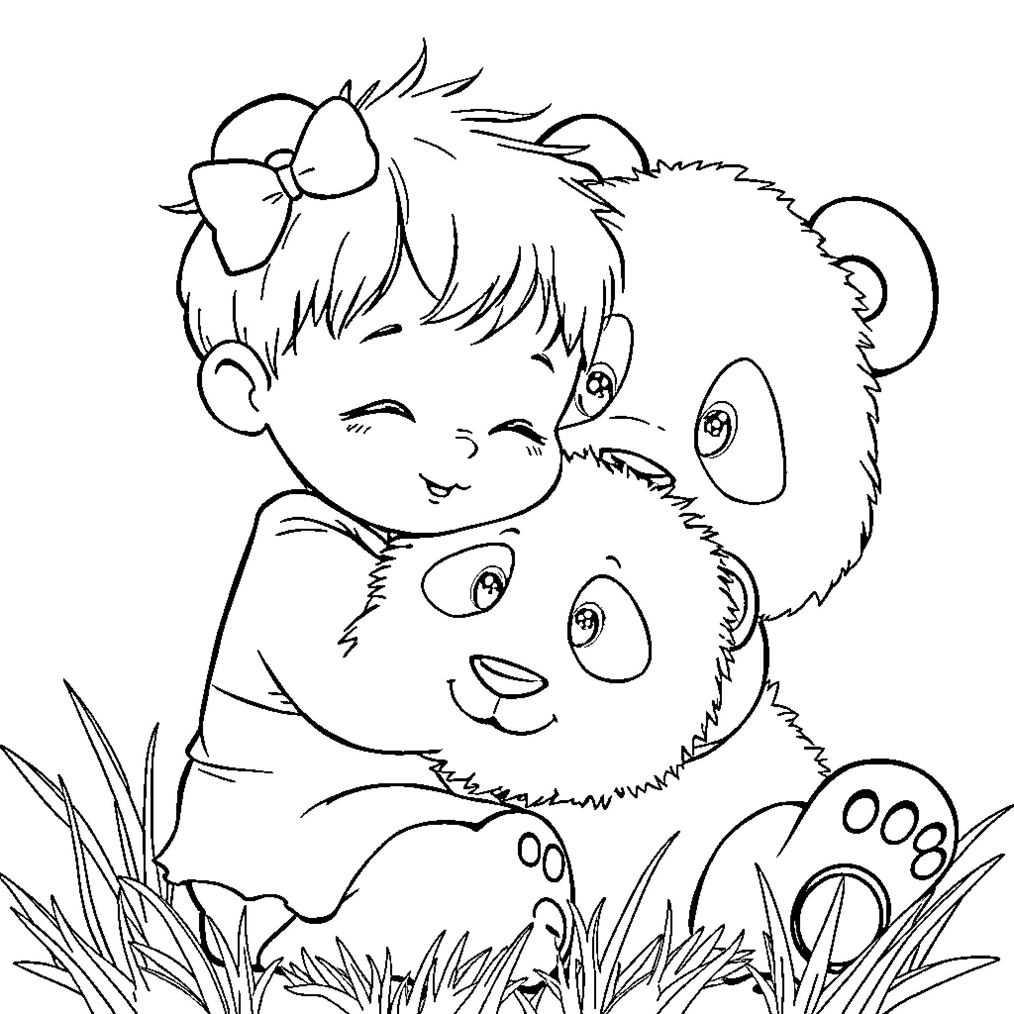 Panda and child playing together in the grass Coloring Page (free black-and-white line drawing printable PDF for all, from beginners to advanced learners, including children, teens, adults, and seniors)