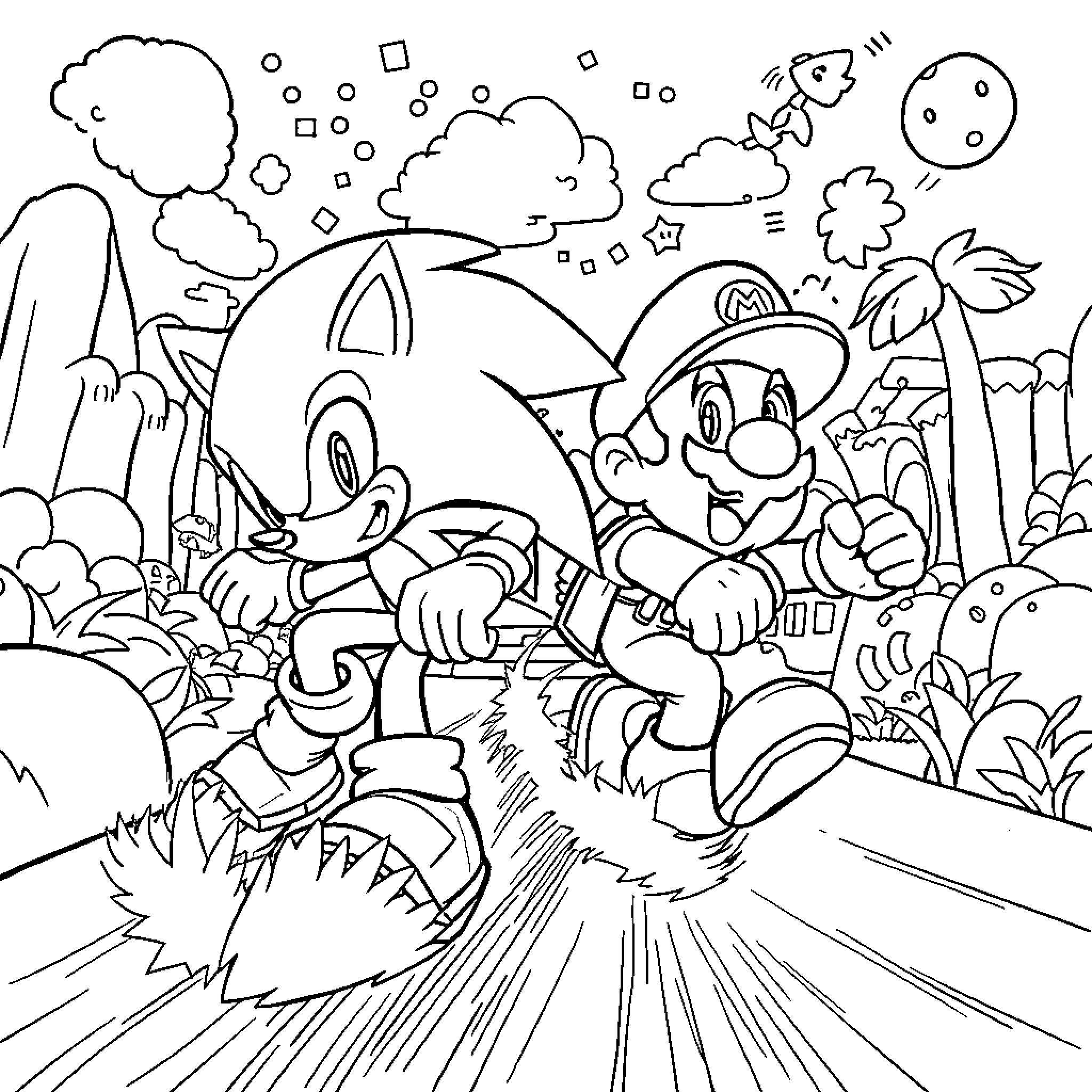 Sonic and Mario's Adventurous Escapade Coloring Page (free black-and-white line drawing printable PDF for all, from beginners to advanced learners, including children, teens, adults, and seniors)