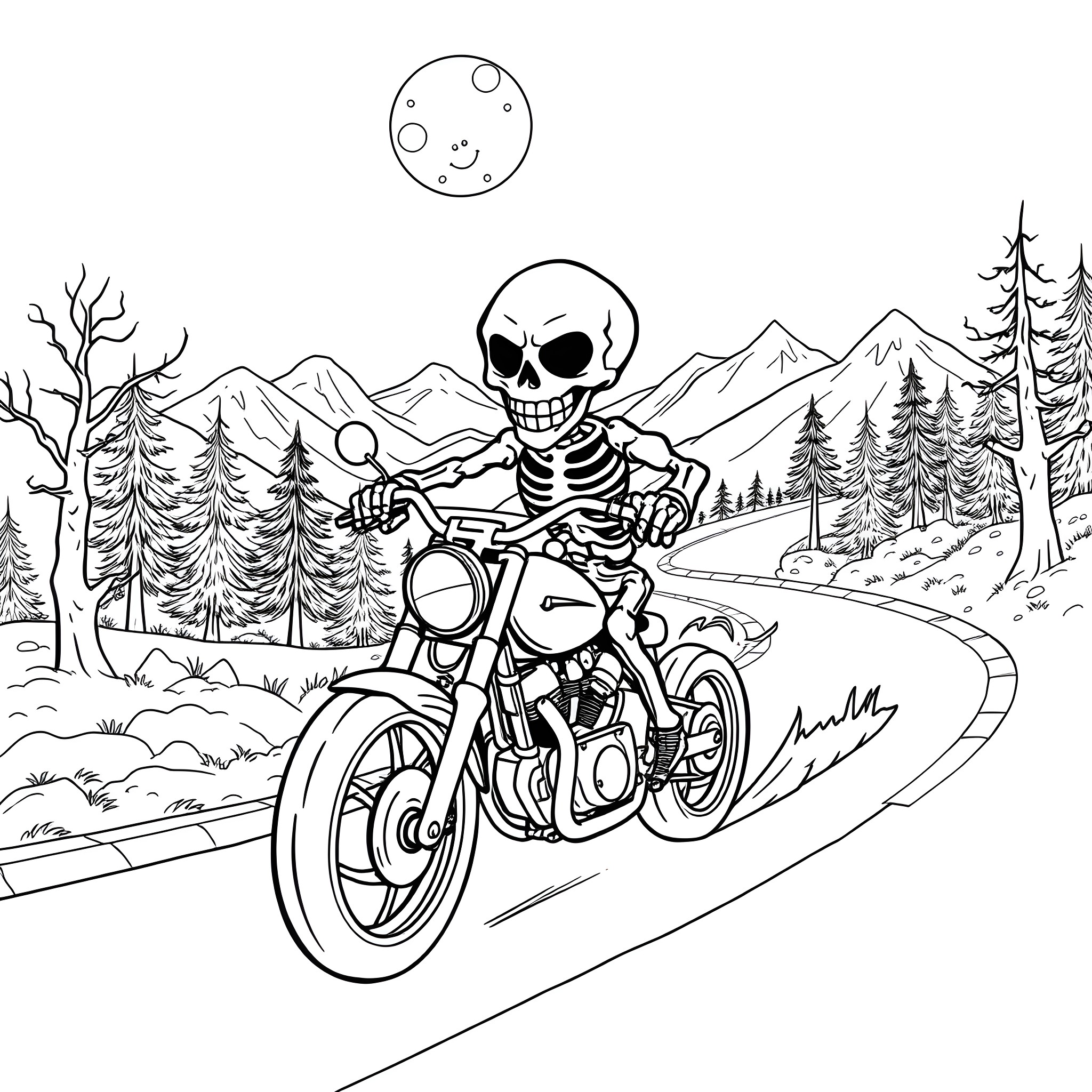 Skeleton riding motorcycle through spooky forest Coloring Page (free black-and-white line drawing printable PDF for all, from beginners to advanced learners, including children, teens, adults, and seniors)