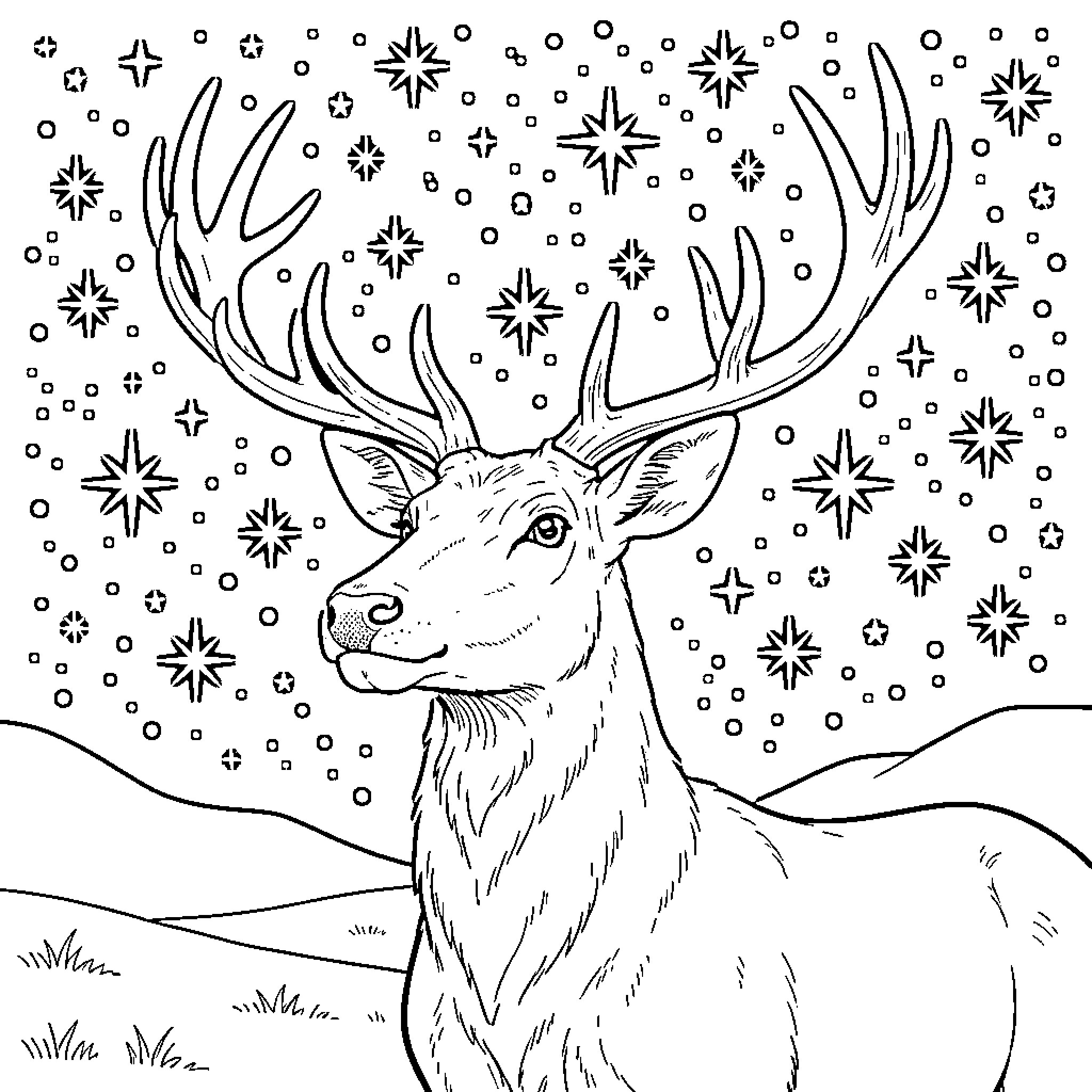 Deer in a Snowy Winter Wonderland Coloring Page (free black-and-white line drawing printable PDF for all, from beginners to advanced learners, including children, teens, adults, and seniors)