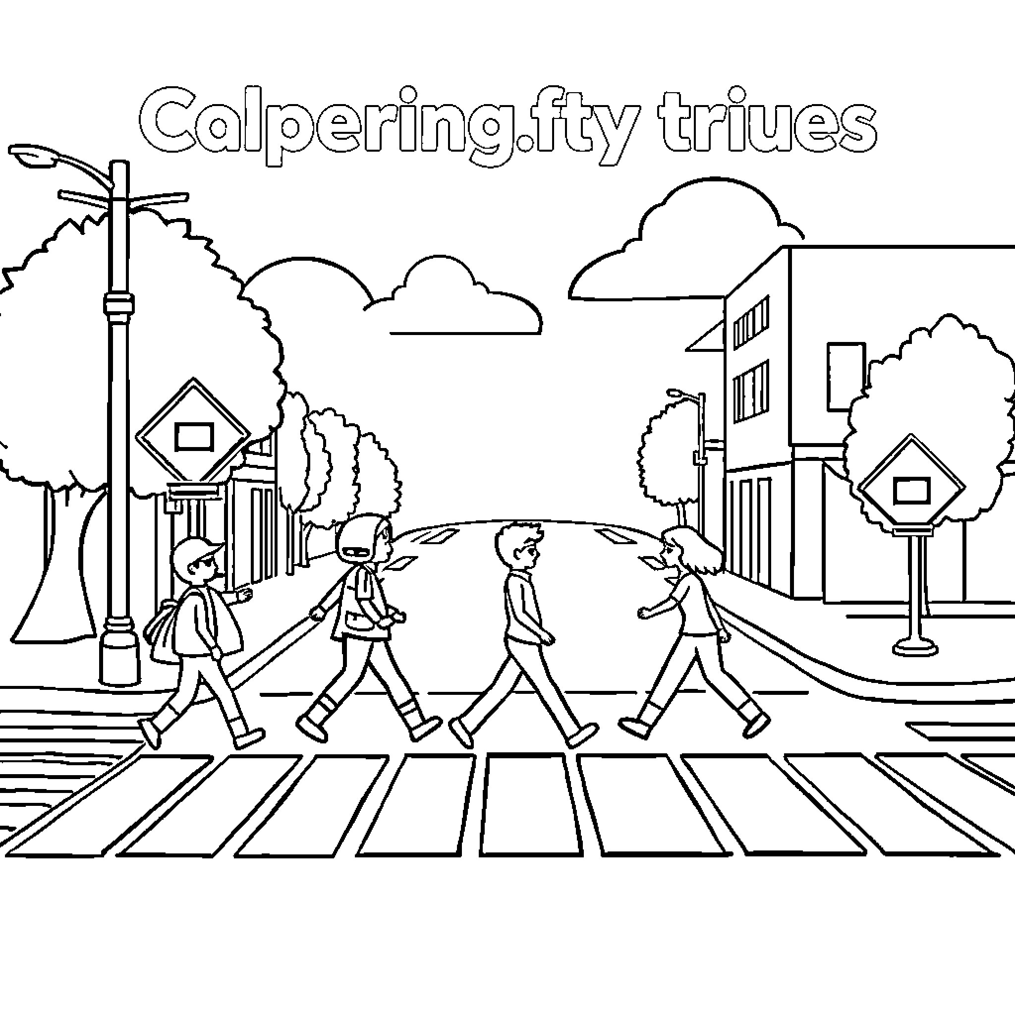 Traffic scene with people crossing the street Coloring Page (free black-and-white line drawing printable PDF for all, from beginners to advanced learners, including children, teens, adults, and seniors)