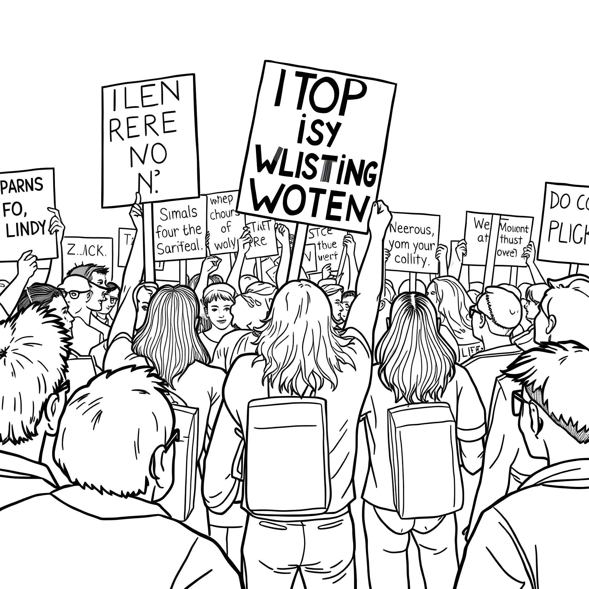 Statement of protesters with banners and slogans Coloring Page (free black-and-white line drawing printable PDF for all, from beginners to advanced learners, including children, teens, adults, and seniors)