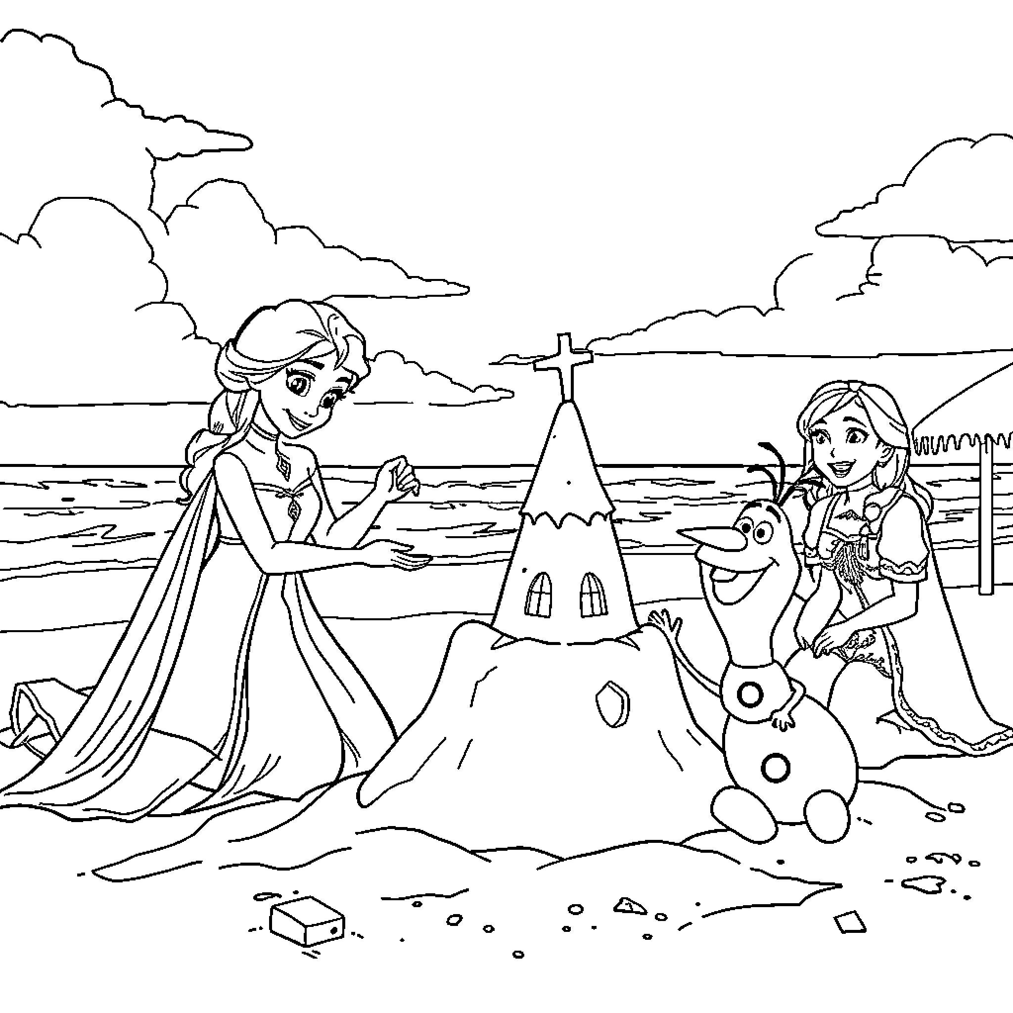 Elsa and Anna building a sandcastle on the beach Coloring Page (free black-and-white line drawing printable PDF for all, from beginners to advanced learners, including children, teens, adults, and seniors)