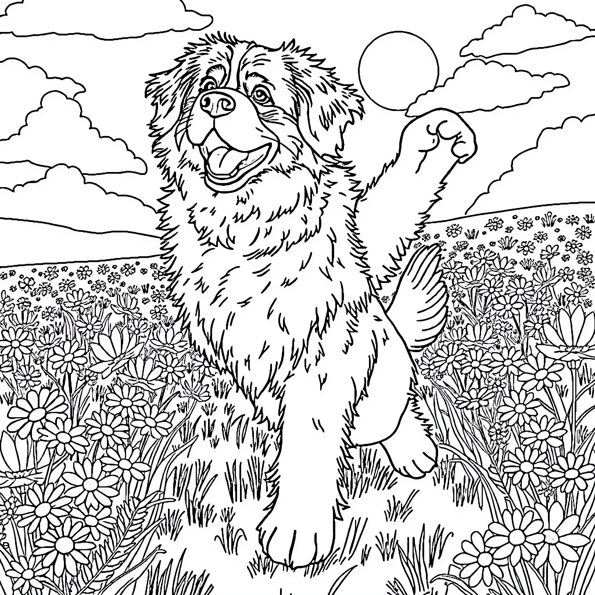 Saint Bernard playing joyfully in a flower-filled meadow Coloring Page (free black-and-white line drawing printable PDF for all, from beginners to advanced learners, including children, teens, adults, and seniors)