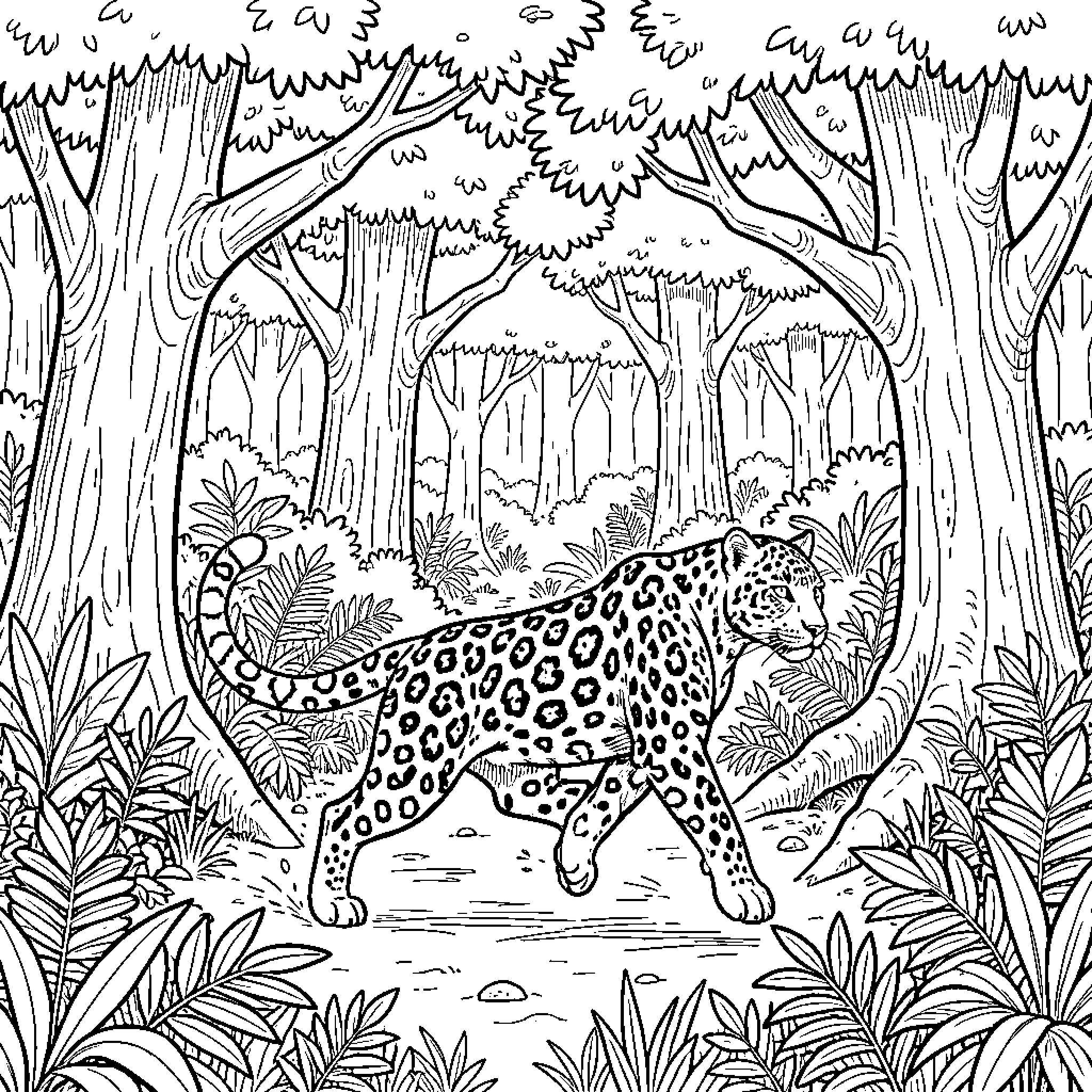 Leopard walking through a dense tropical jungle Coloring Page (free black-and-white line drawing printable PDF for all, from beginners to advanced learners, including children, teens, adults, and seniors)