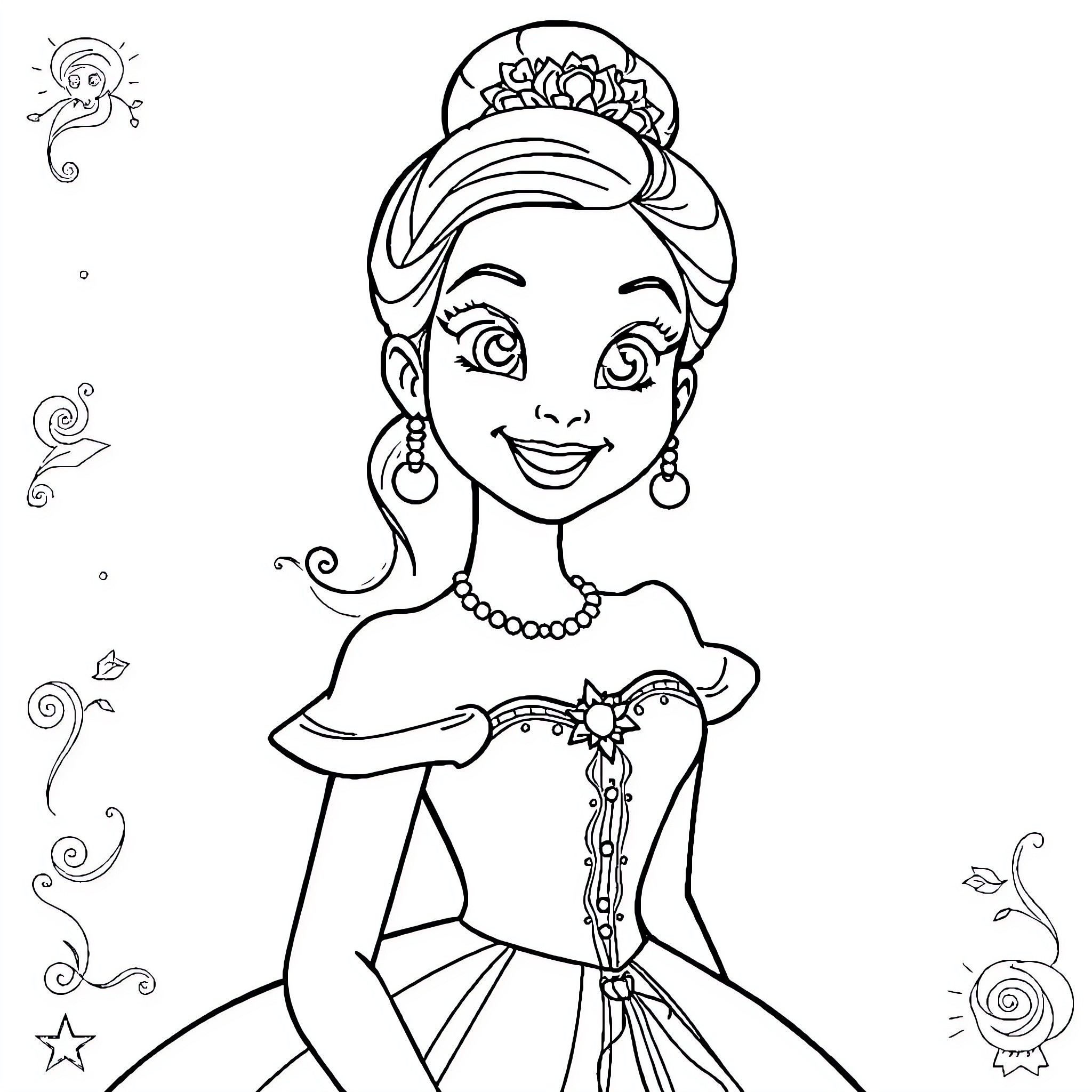 Bella in a lovely princess gown and tiara Coloring Page (free black-and-white line drawing printable PDF for all, from beginners to advanced learners, including children, teens, adults, and seniors)