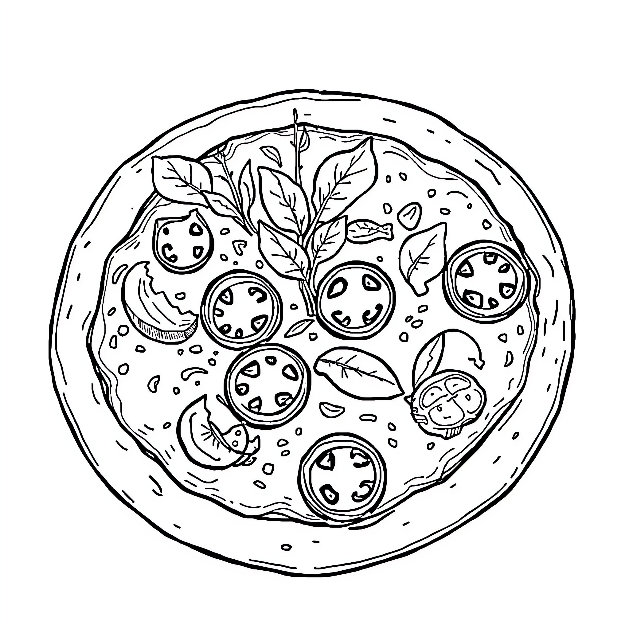 Pizza decorated with playful vegetable characters Coloring Page (free black-and-white line drawing printable PDF for all, from beginners to advanced learners, including children, teens, adults, and seniors)