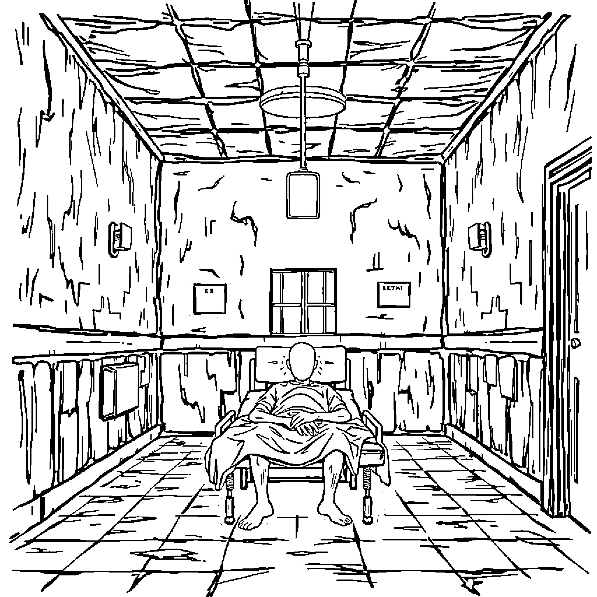 Patient resting in dimly lit hospital room Coloring Page (free black-and-white line drawing printable PDF for all, from beginners to advanced learners, including children, teens, adults, and seniors)