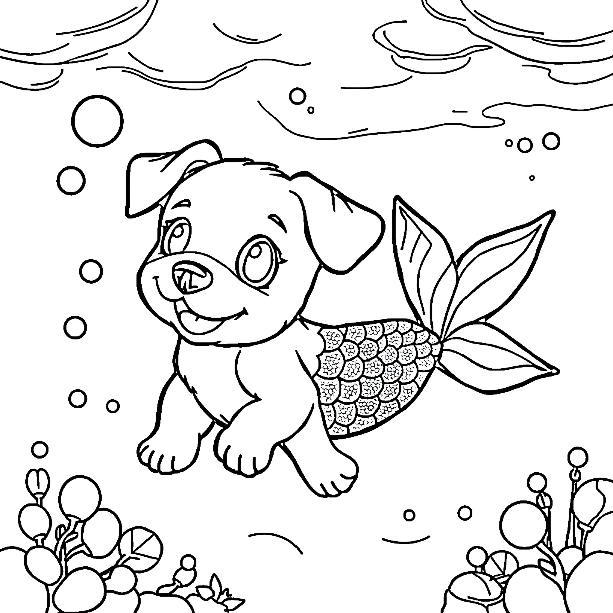 Mermaid Puppy playing underwater with bubbles Coloring Page (free black-and-white line drawing printable PDF for all, from beginners to advanced learners, including children, teens, adults, and seniors)