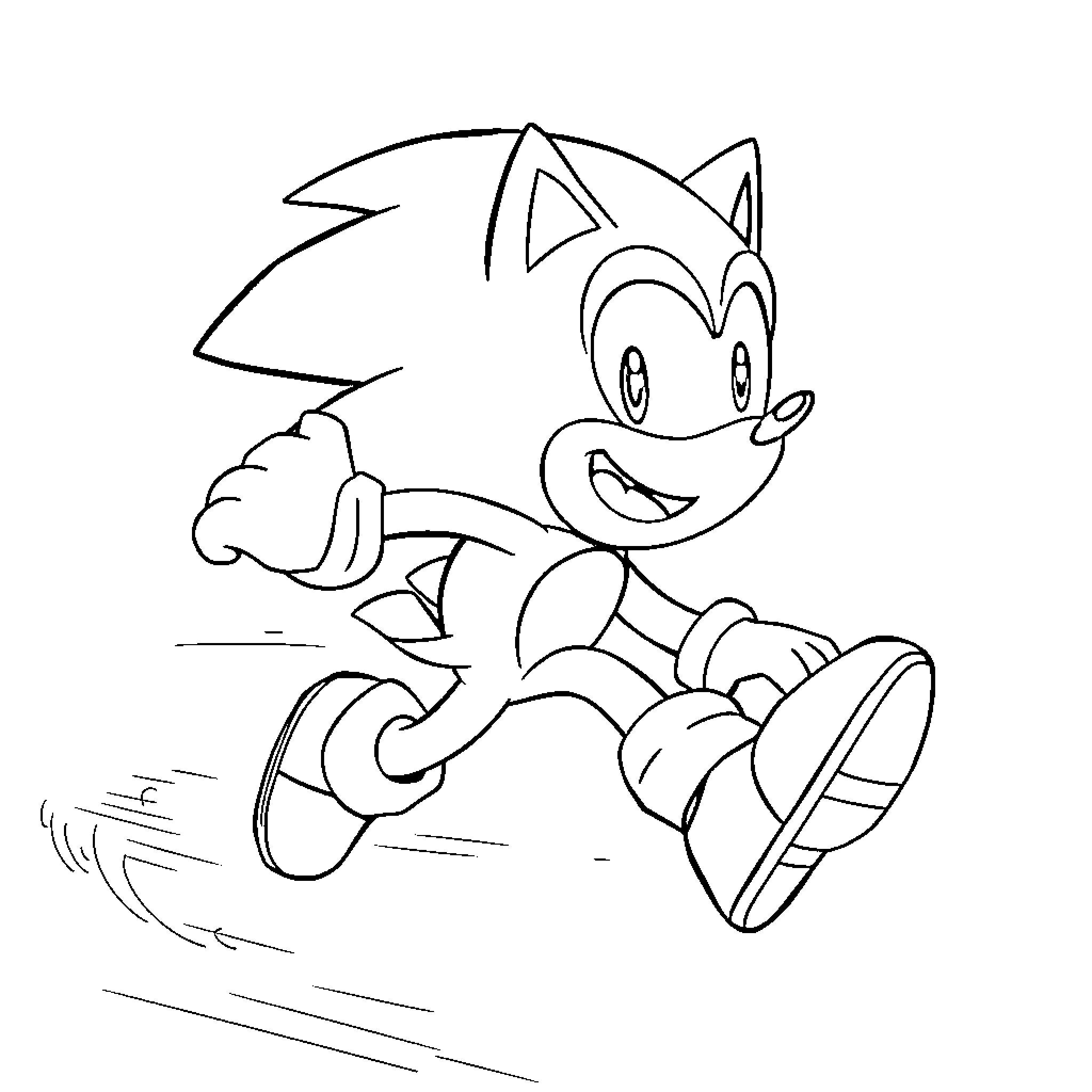 Sonic sprinting happily in the scene Coloring Page (free black-and-white line drawing printable PDF for all, from beginners to advanced learners, including children, teens, adults, and seniors)
