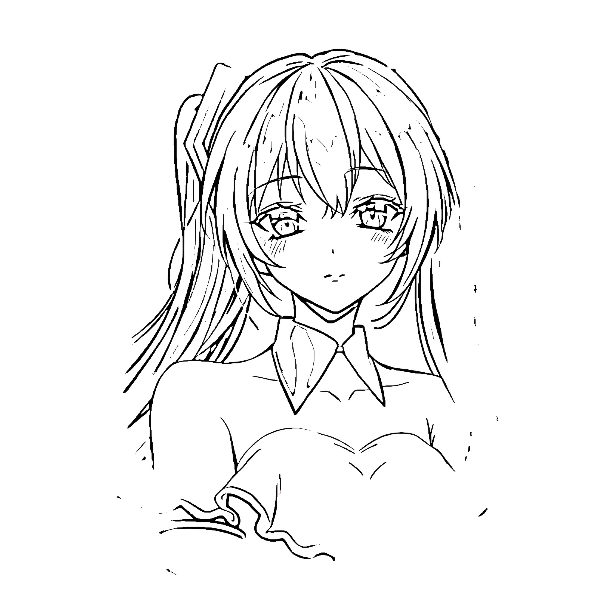 Miku in pensive contemplation Coloring Page (free black-and-white line drawing printable PDF for all, from beginners to advanced learners, including children, teens, adults, and seniors)