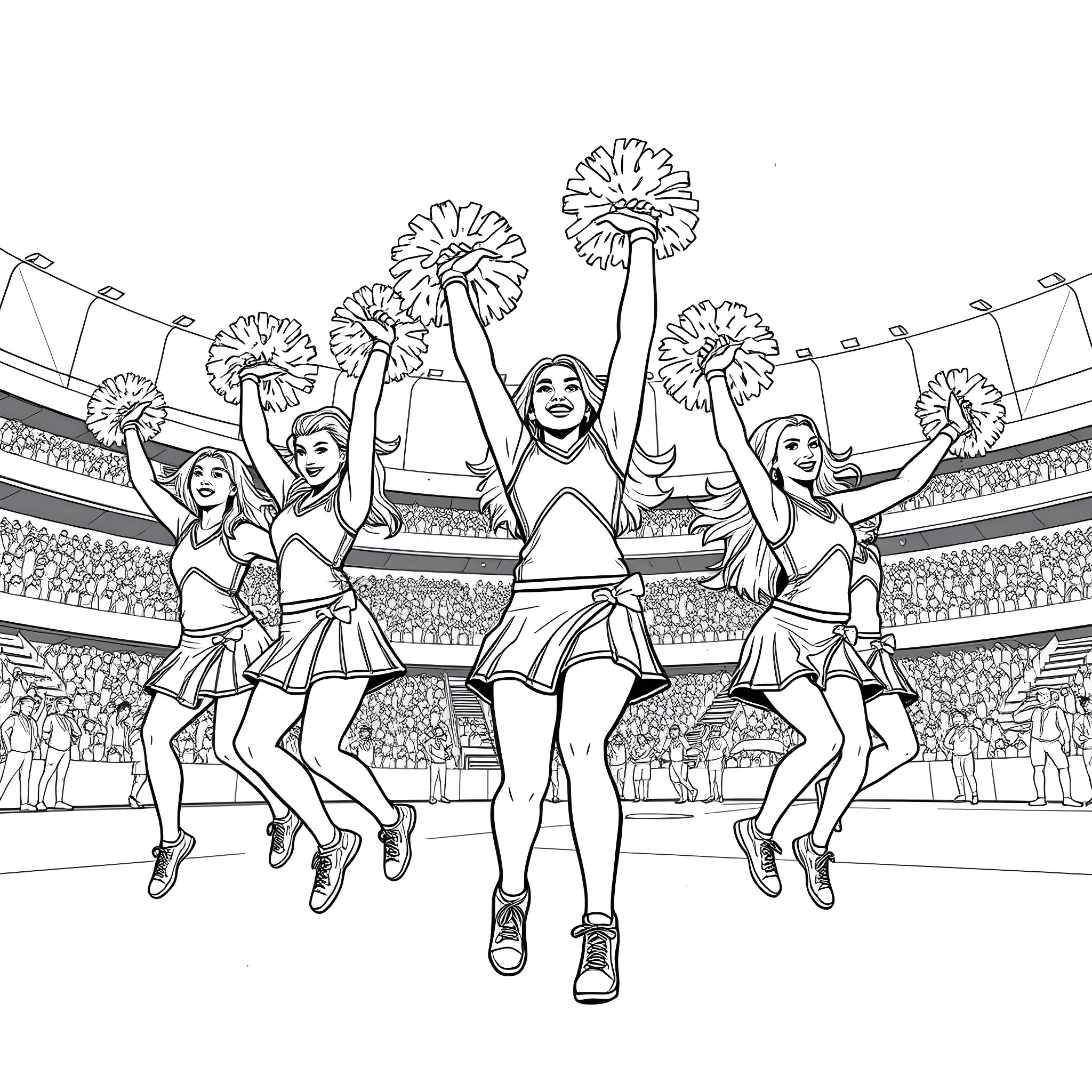 Cheerleader team performing energetic routine on the field Coloring Page (free black-and-white line drawing printable PDF for all, from beginners to advanced learners, including children, teens, adults, and seniors)