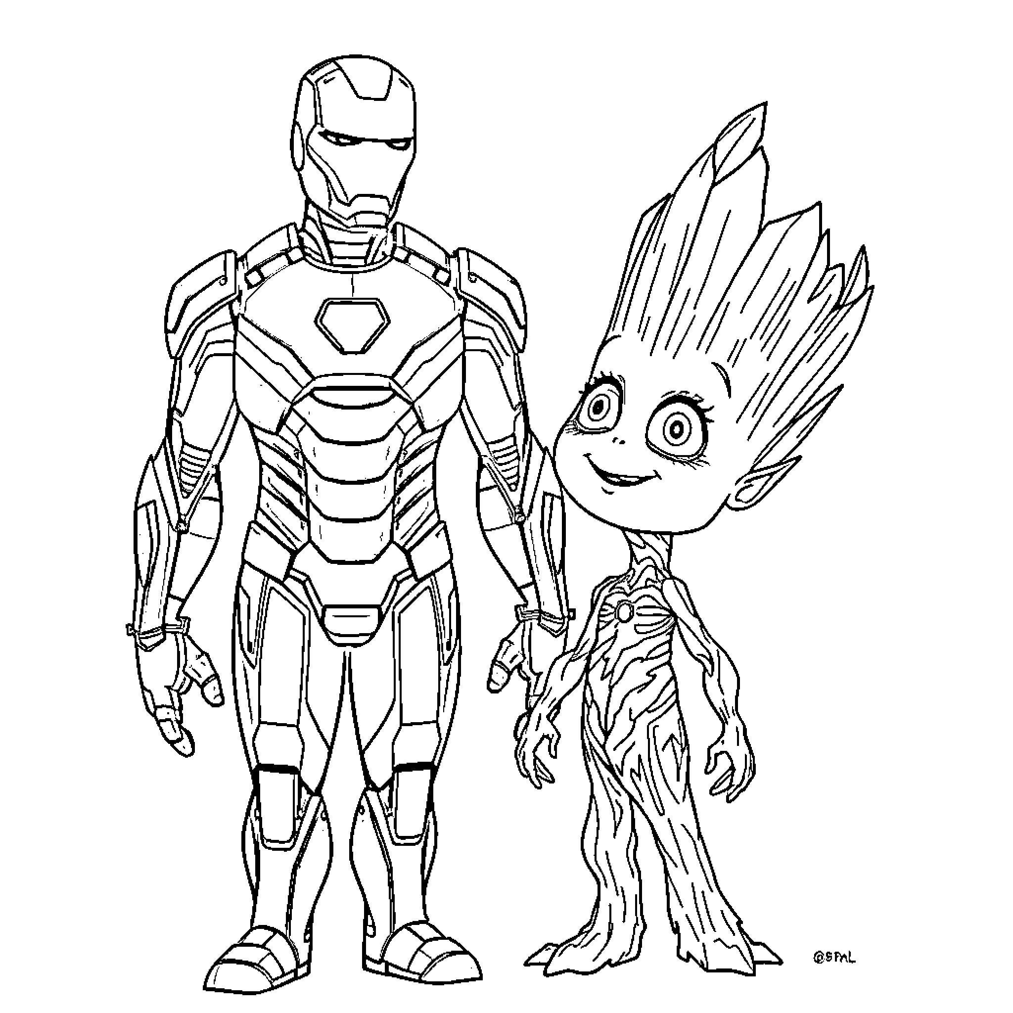 Ironman and Groot standing together Coloring Page (free black-and-white line drawing printable PDF for all, from beginners to advanced learners, including children, teens, adults, and seniors)