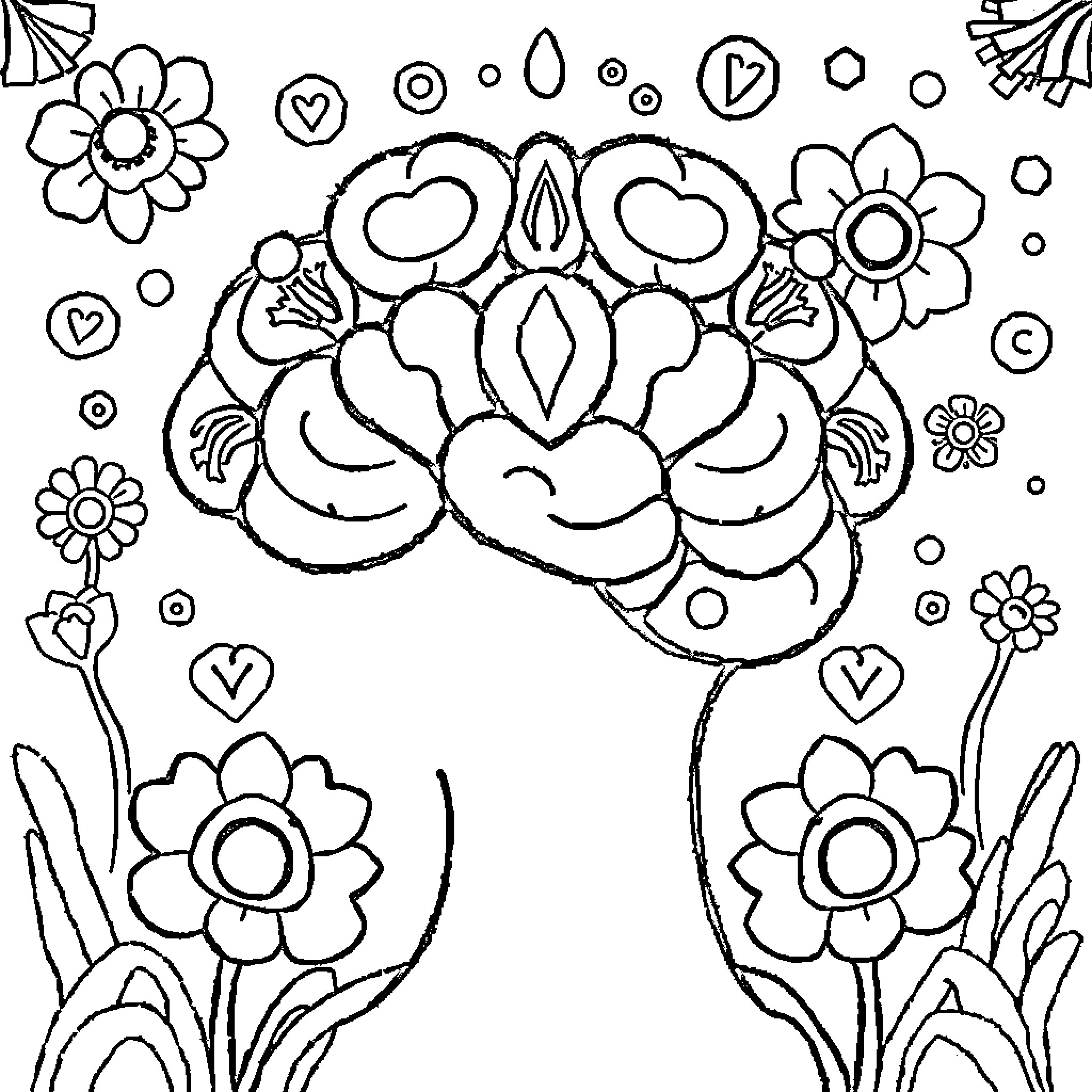Mental Health Floral Mind Doodle Coloring Page (free black-and-white line drawing printable PDF for all, from beginners to advanced learners, including children, teens, adults, and seniors)