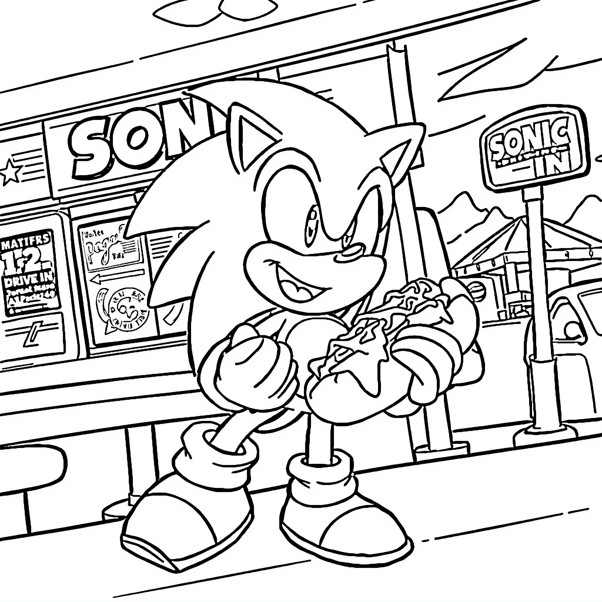 Sonic enjoying a comic book at the Sonic cafe Coloring Page (free black-and-white line drawing printable PDF for all, from beginners to advanced learners, including children, teens, adults, and seniors)