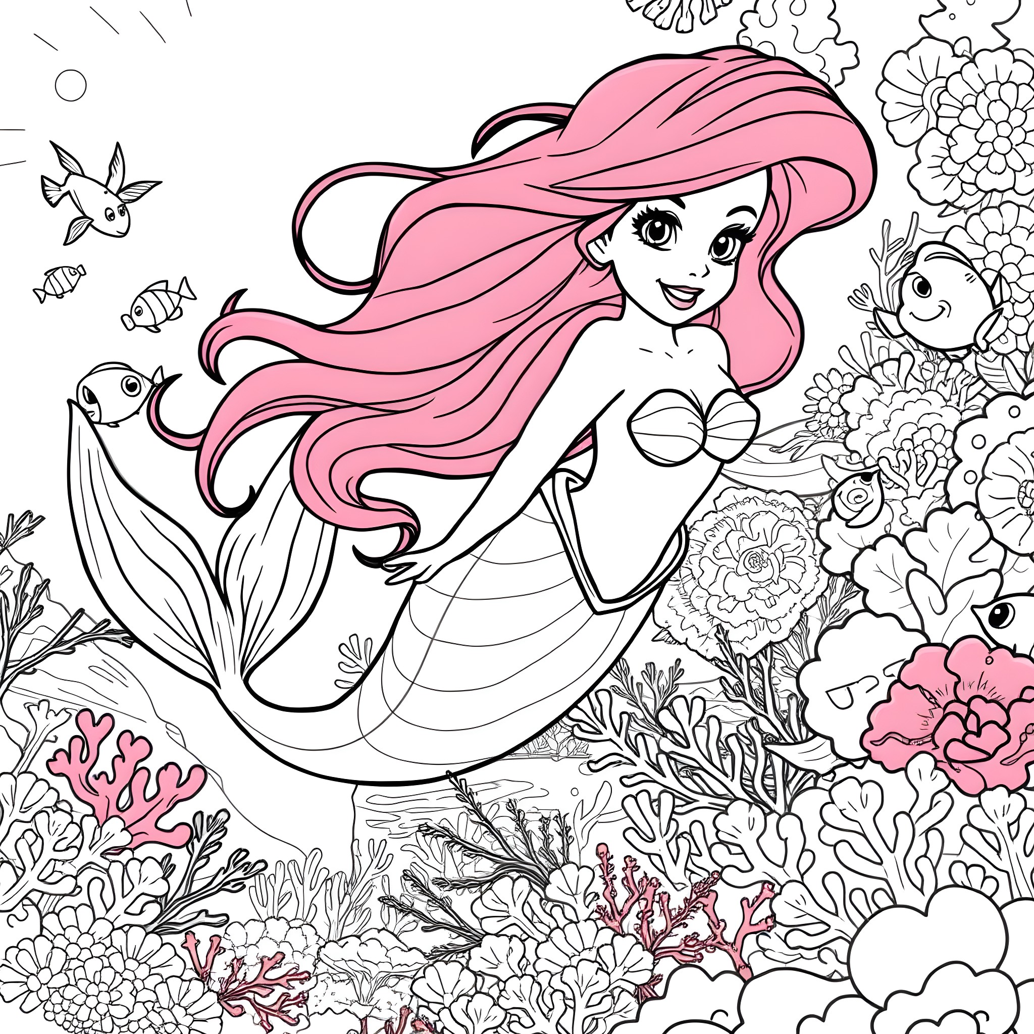 Ariel Exploring the Enchanting Underwater World Coloring Page (free black-and-white line drawing printable PDF for all, from beginners to advanced learners, including children, teens, adults, and seniors)