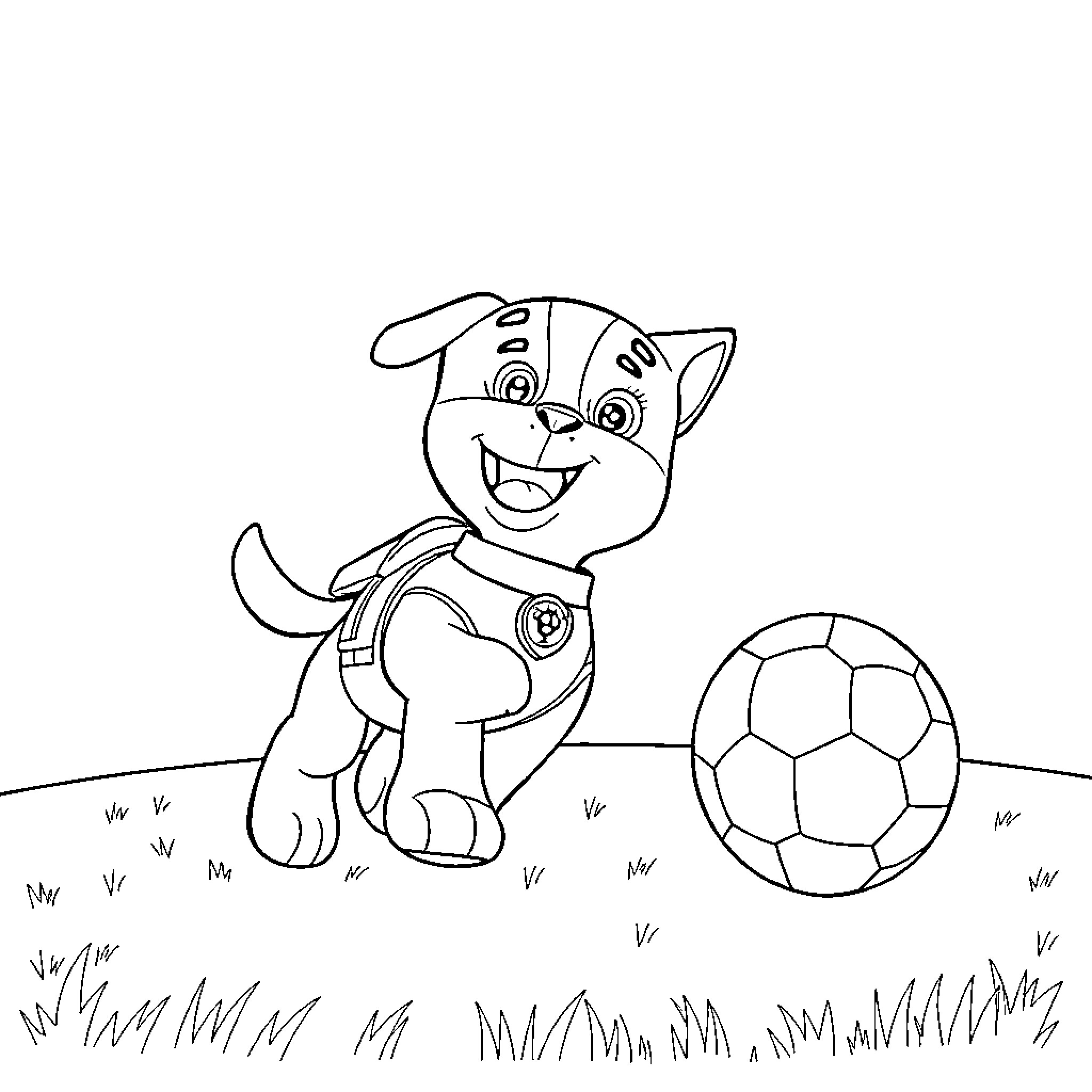 Marshall's Playful Soccer Outing Coloring Page (free black-and-white line drawing printable PDF for all, from beginners to advanced learners, including children, teens, adults, and seniors)