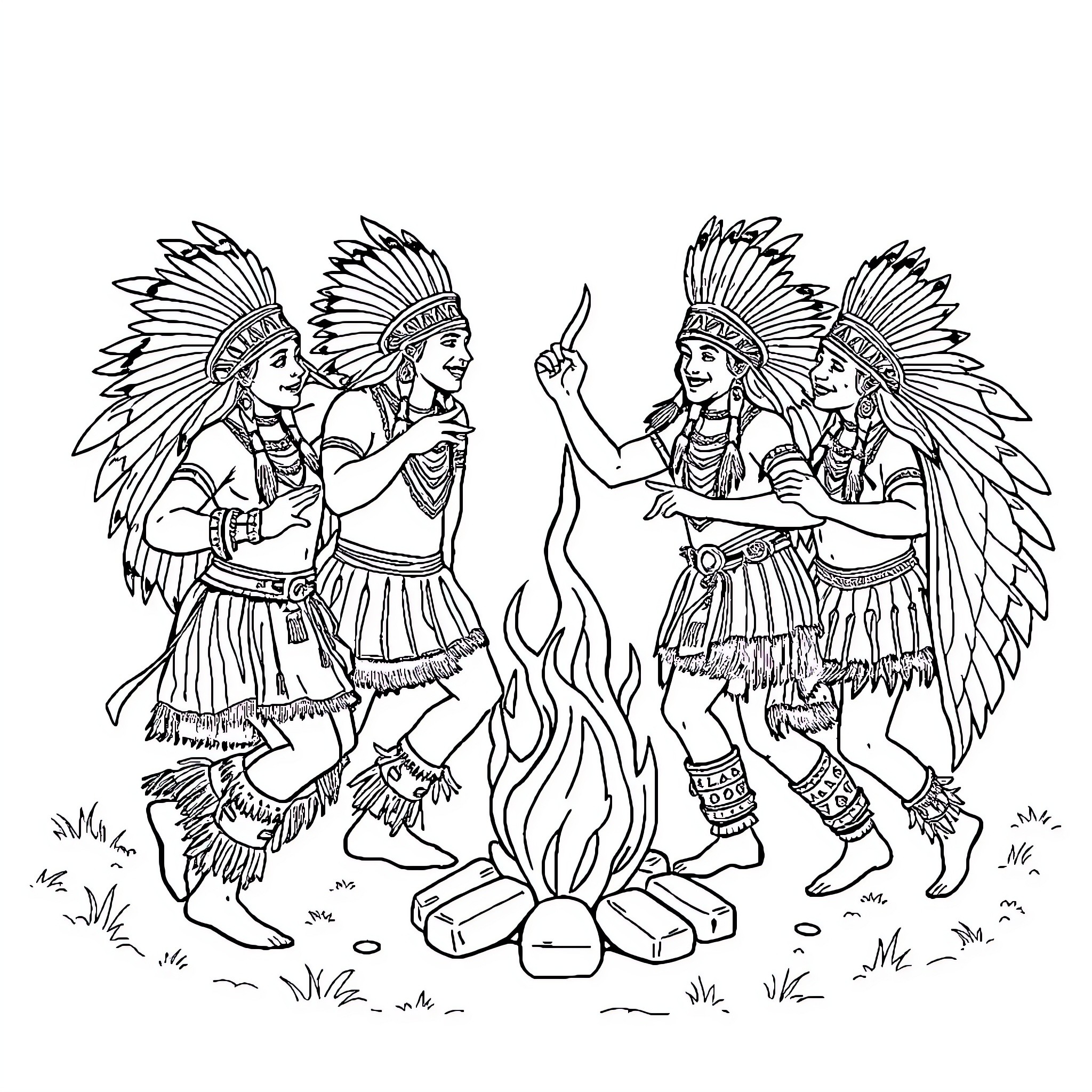 Indigenous People Performing Ceremonial Dance Around Fire Coloring Page (free black-and-white line drawing printable PDF for all, from beginners to advanced learners, including children, teens, adults, and seniors)