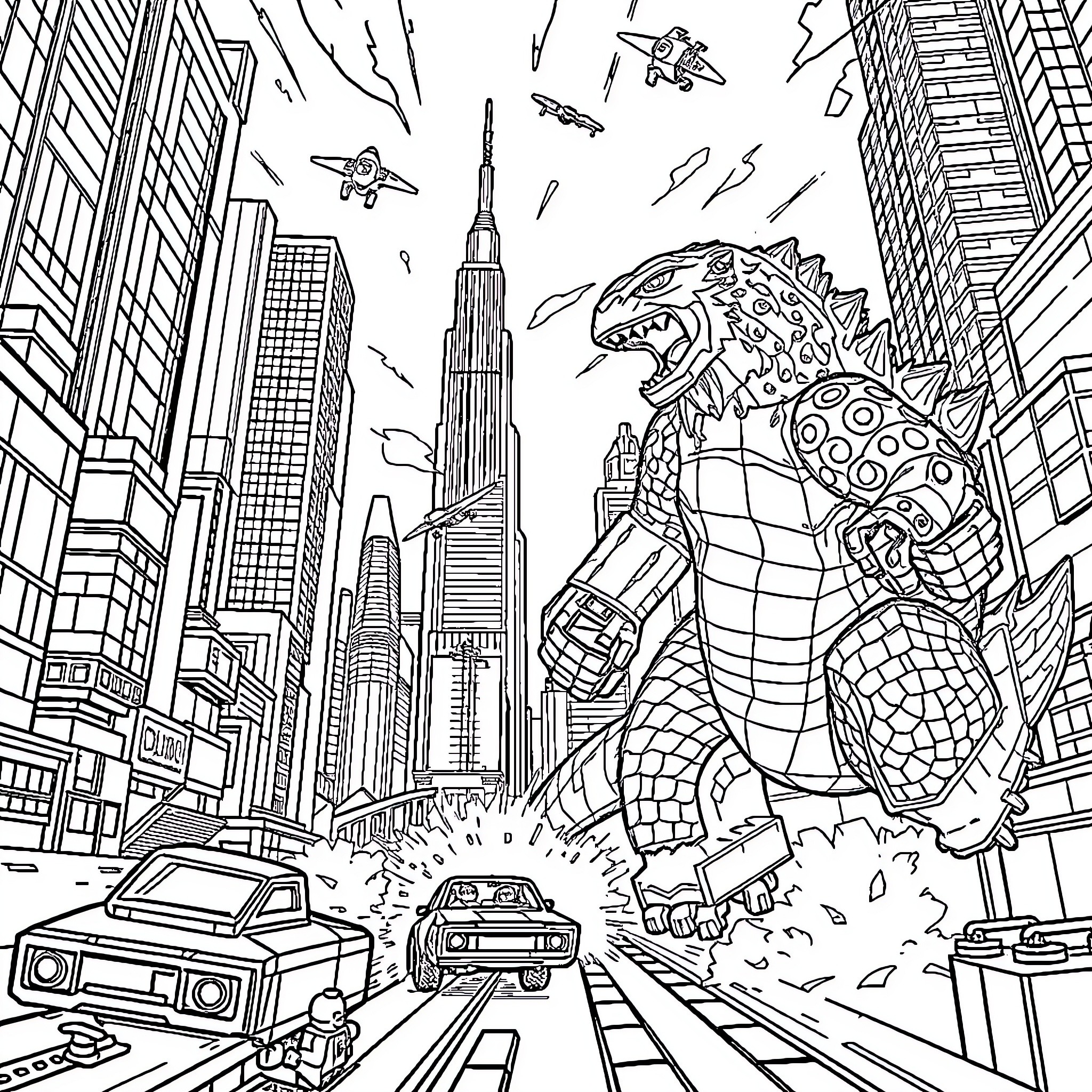 King Kong Rampages Through Cityscape with Skyscrapers Coloring Page (free black-and-white line drawing printable PDF for all, from beginners to advanced learners, including children, teens, adults, and seniors)
