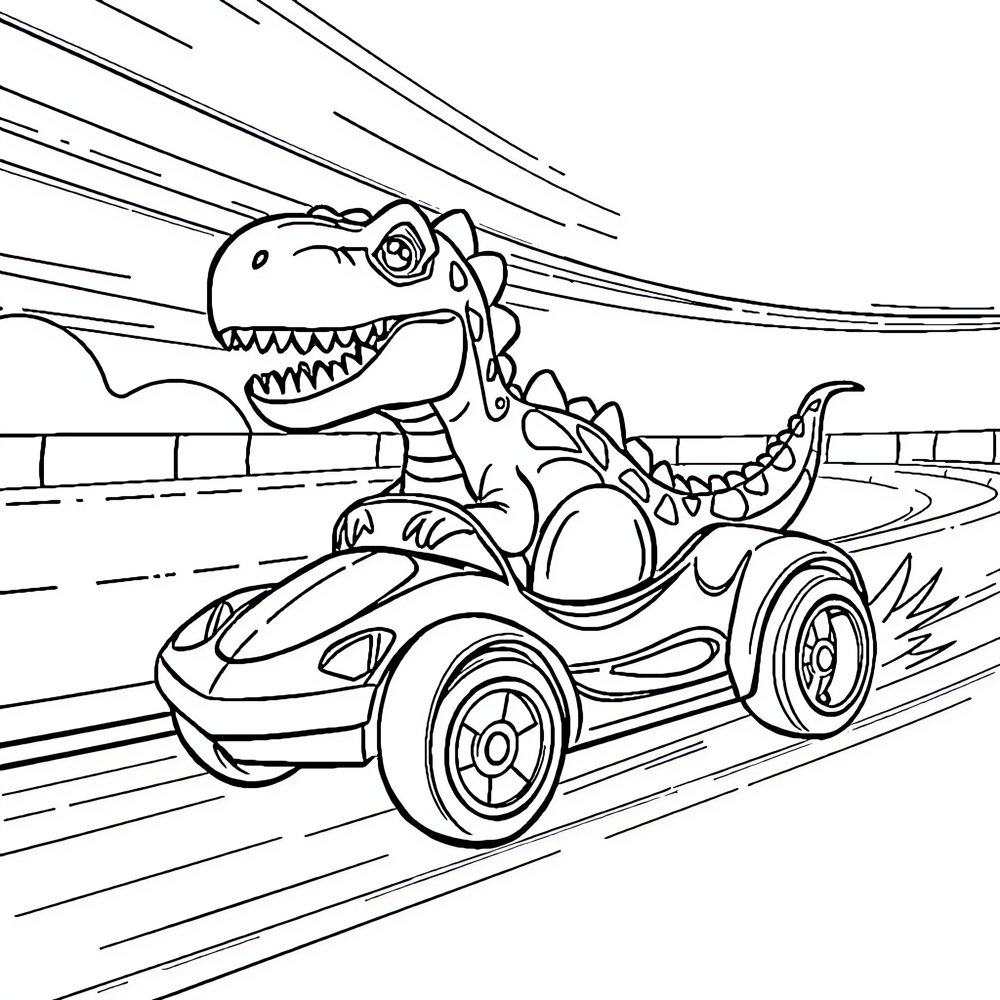 Dinosaur racing in a speedy car Coloring Page (free black-and-white line drawing printable PDF for all, from beginners to advanced learners, including children, teens, adults, and seniors)