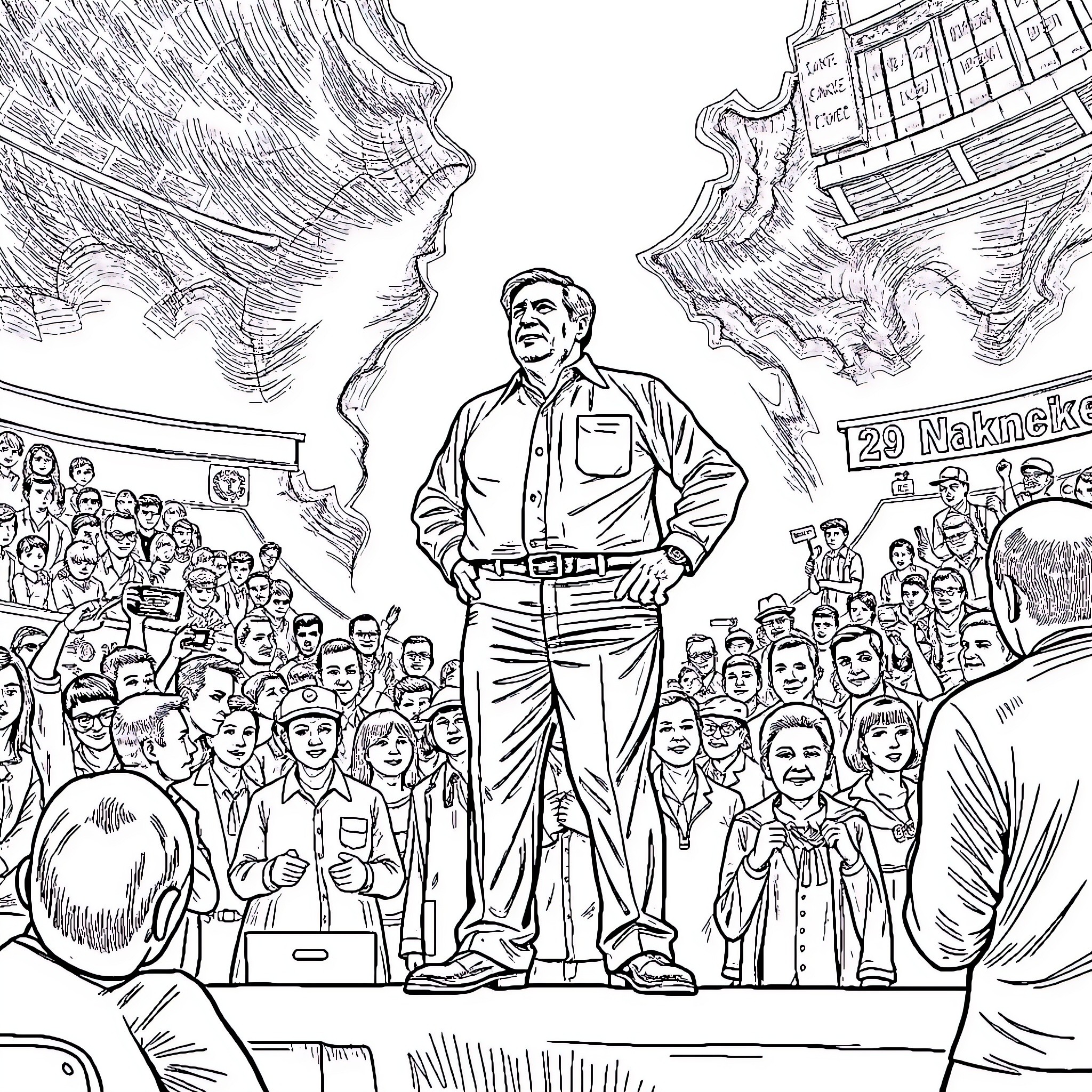 Stan Kroenke addressing a large crowd of people Coloring Page (free black-and-white line drawing printable PDF for all, from beginners to advanced learners, including children, teens, adults, and seniors)