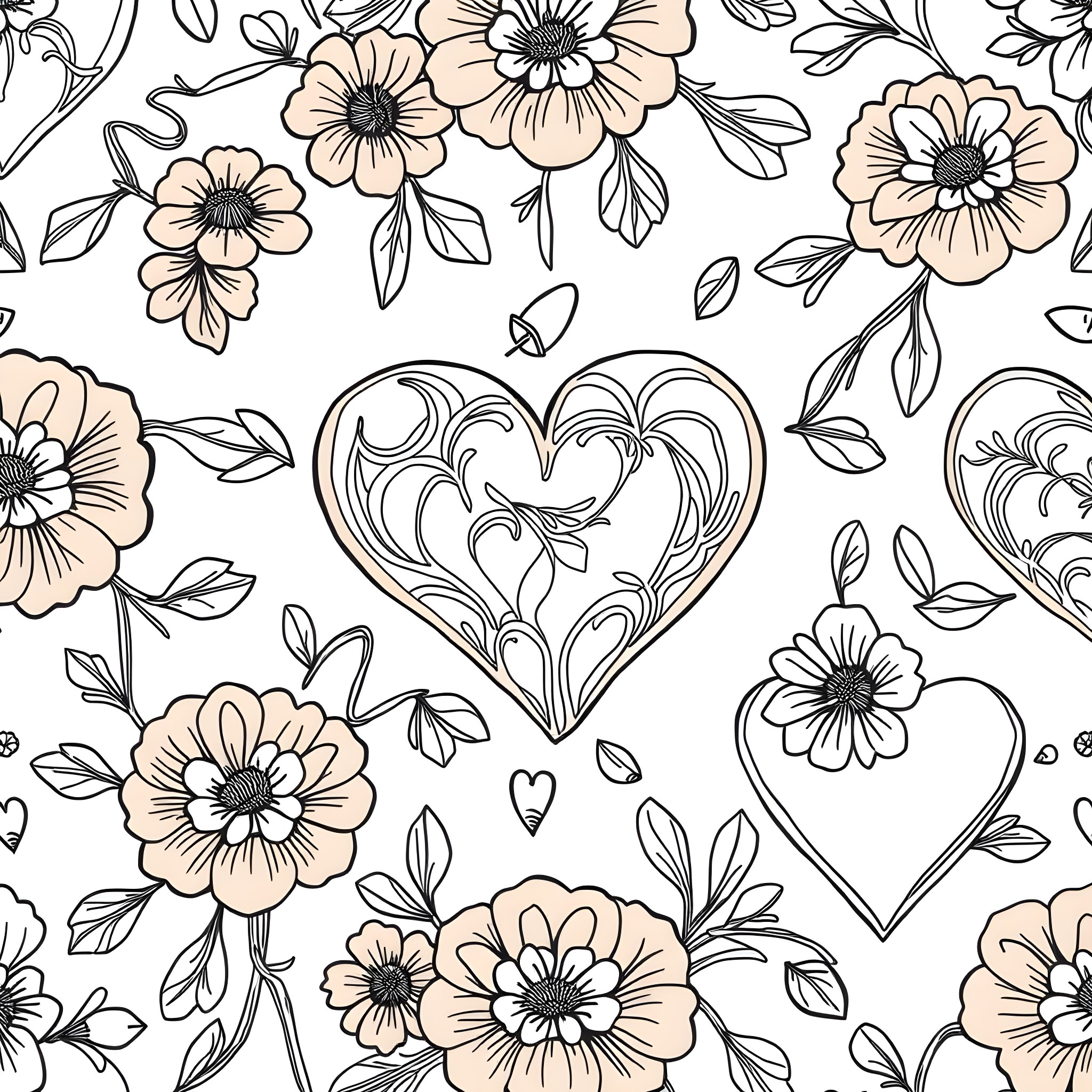 Heart-shaped Floral Pattern with Flowers Coloring Page (free black-and-white line drawing printable PDF for all, from beginners to advanced learners, including children, teens, adults, and seniors)
